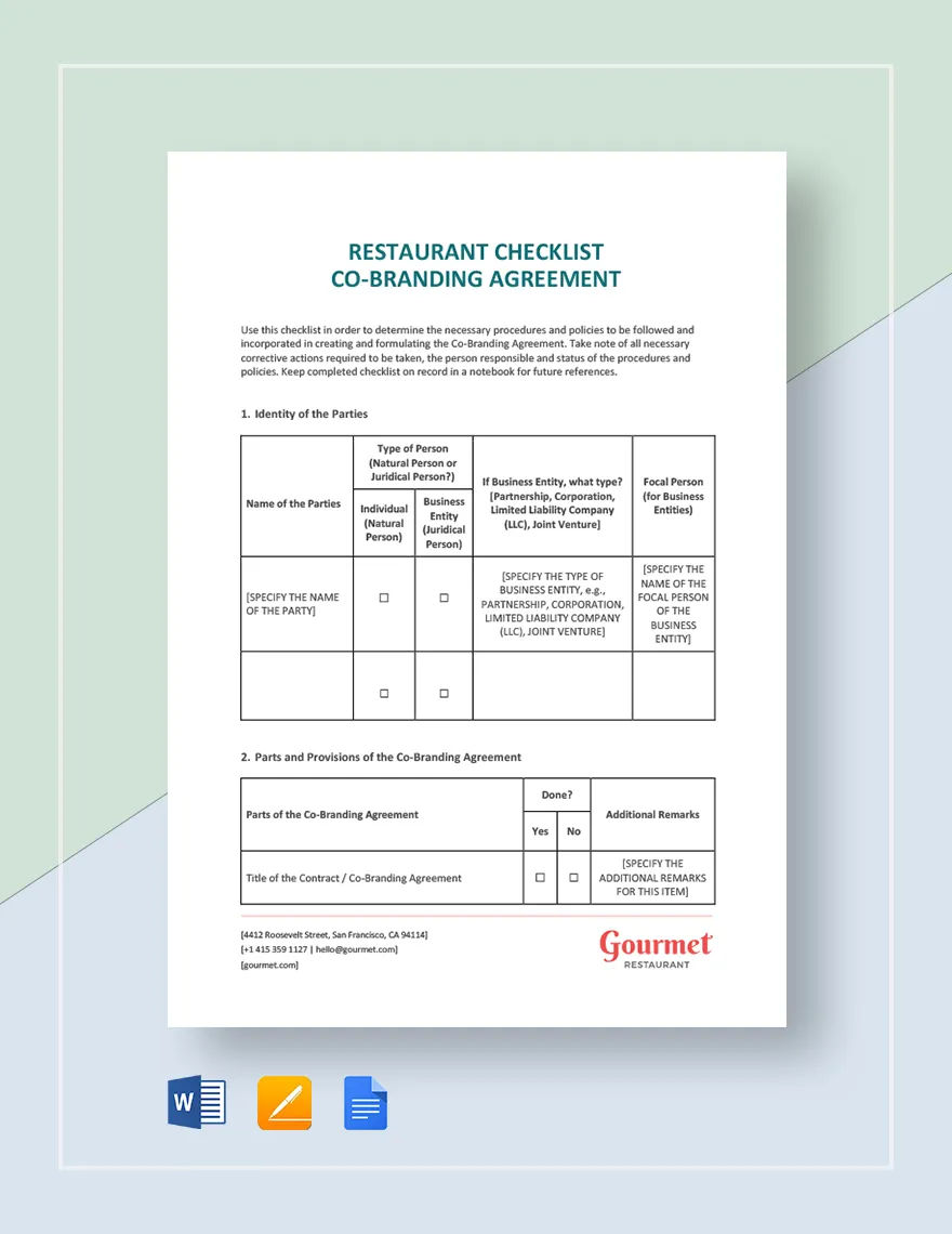 Restaurant Checklist Co-Branding Agreement Template