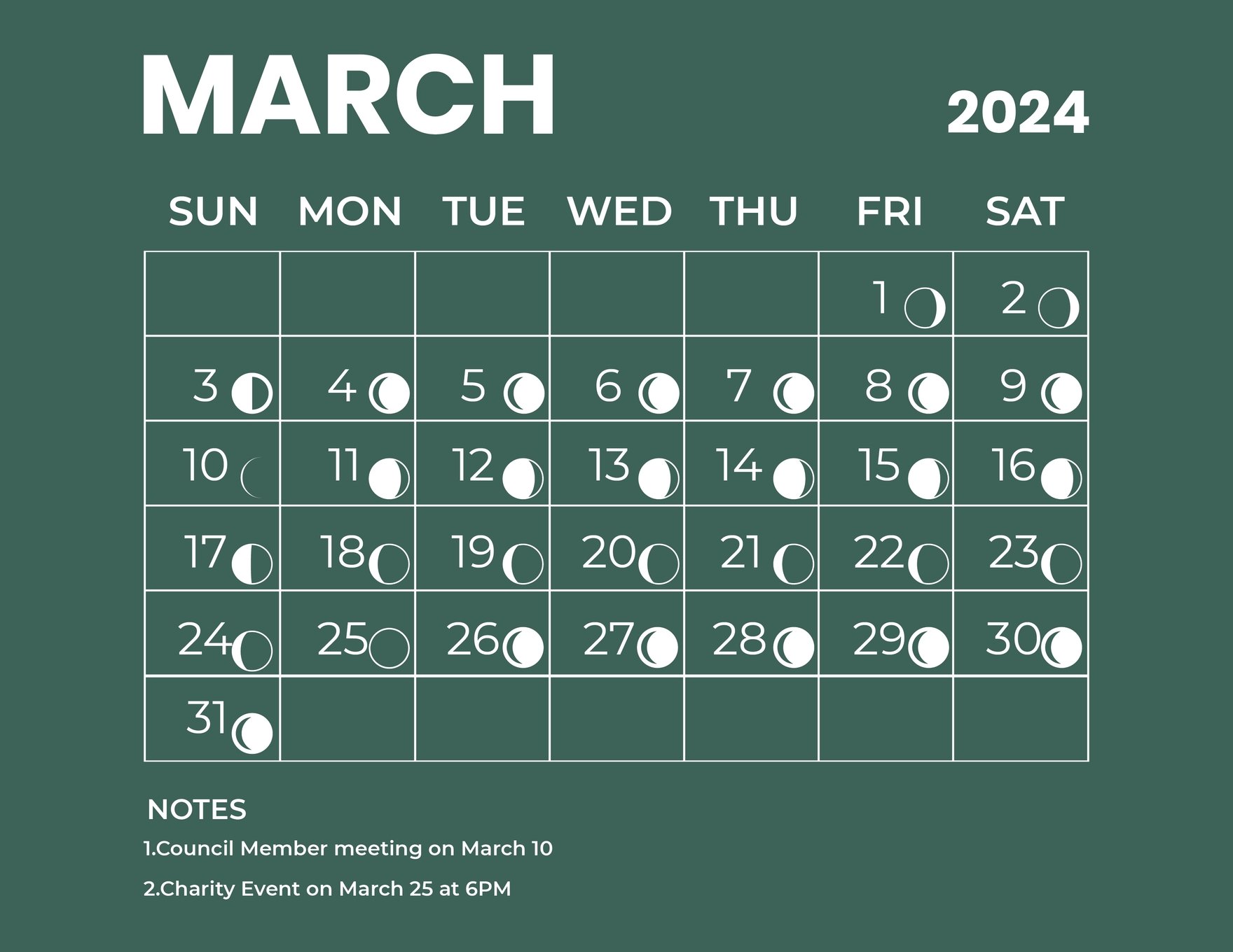 March 2024 Calendar With Moon Phases EPS, Illustrator, JPG, Word, SVG