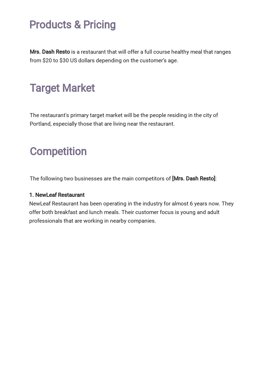 Business Plan For Cafe Free Template