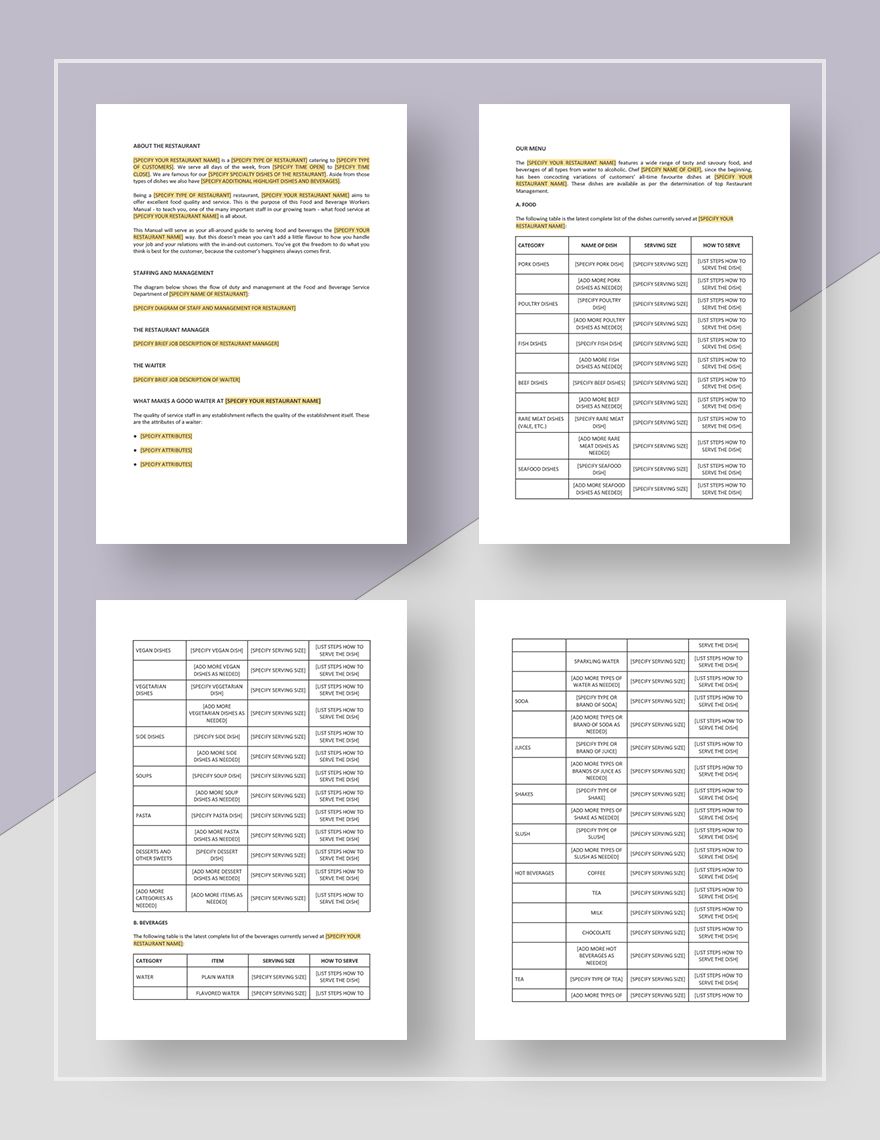 Restaurant Food and Beverage Workers Manual Template