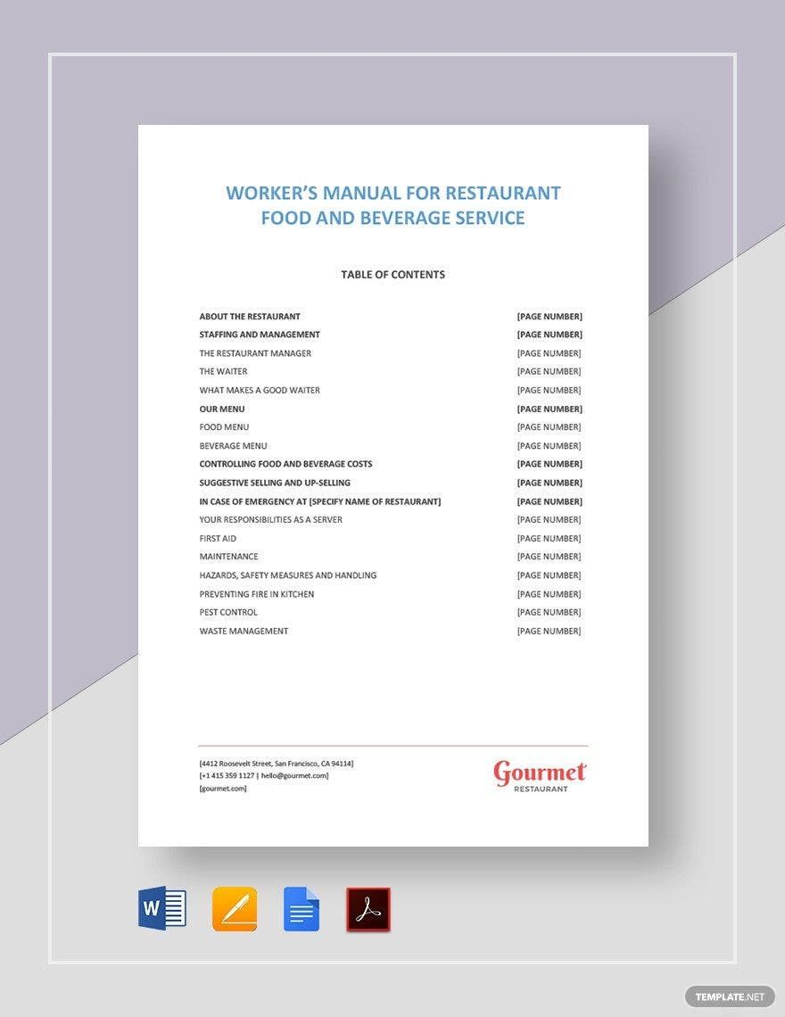 Restaurant Food and Beverage Workers Manual Template