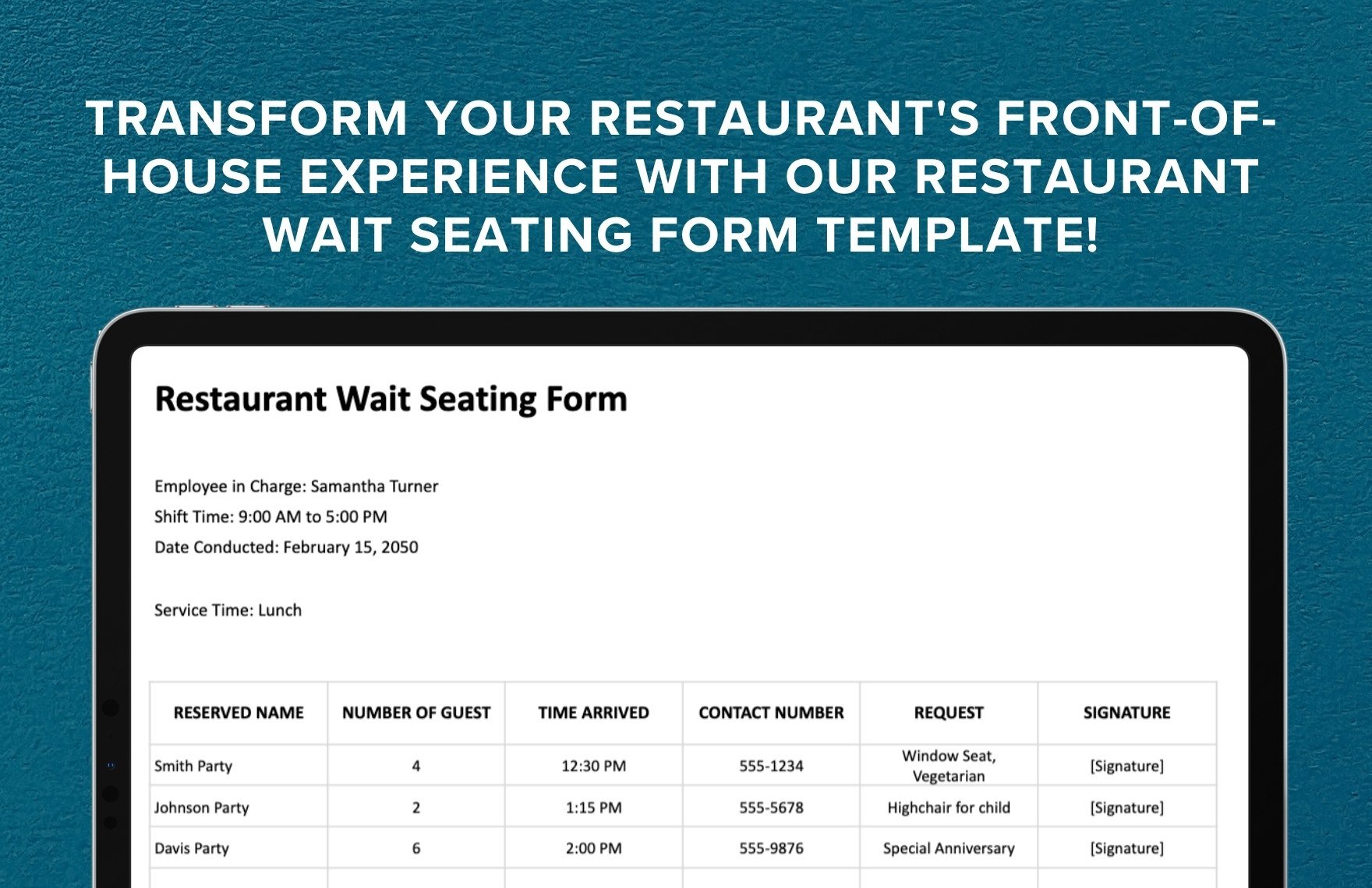Restaurant Wait Seating Form Template
