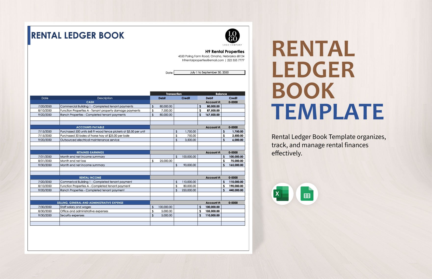 Rental Ledger Book Template in Excel, Google Sheets