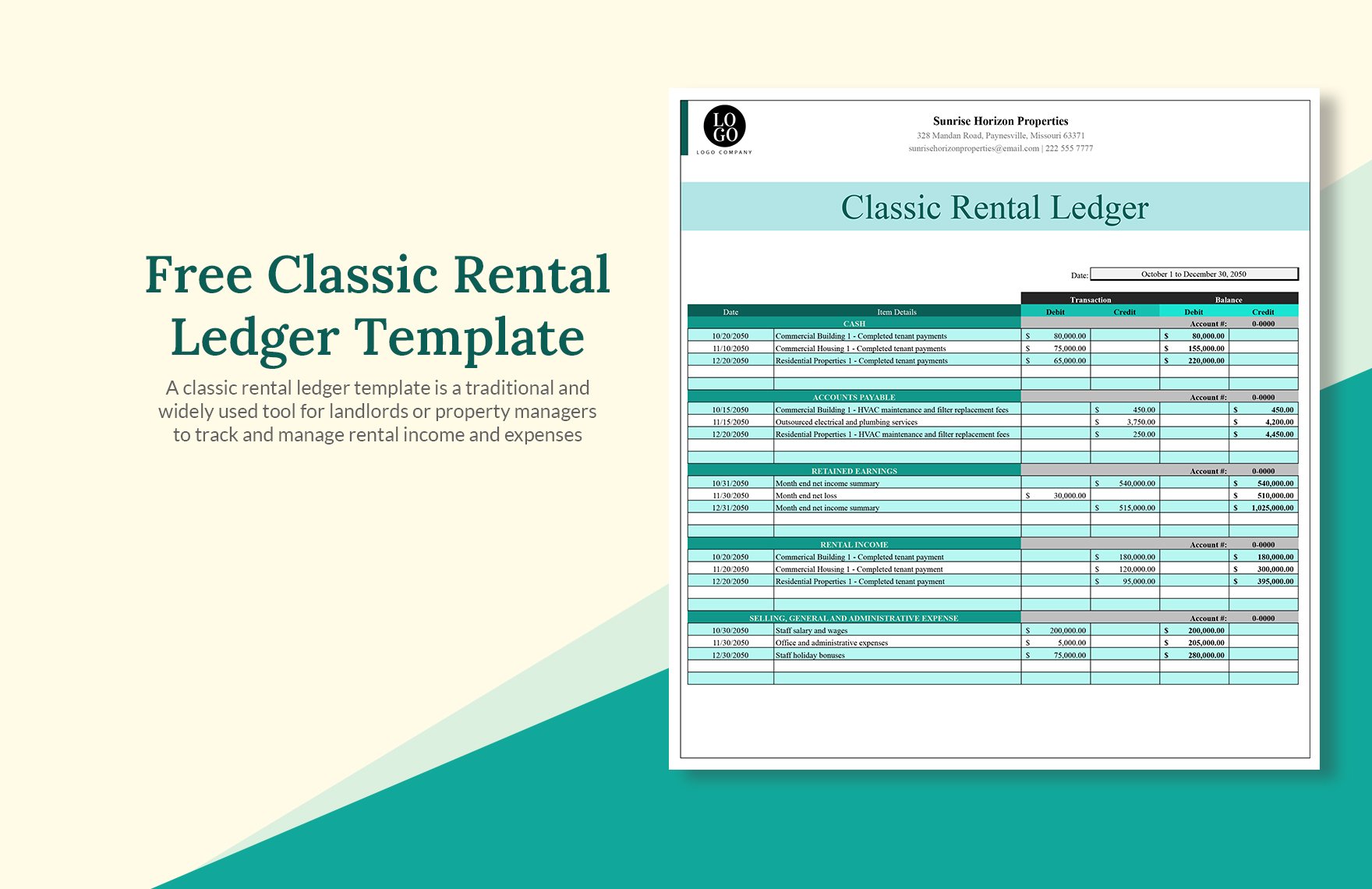 Classic Rental Ledger Template in Excel, Google Sheets