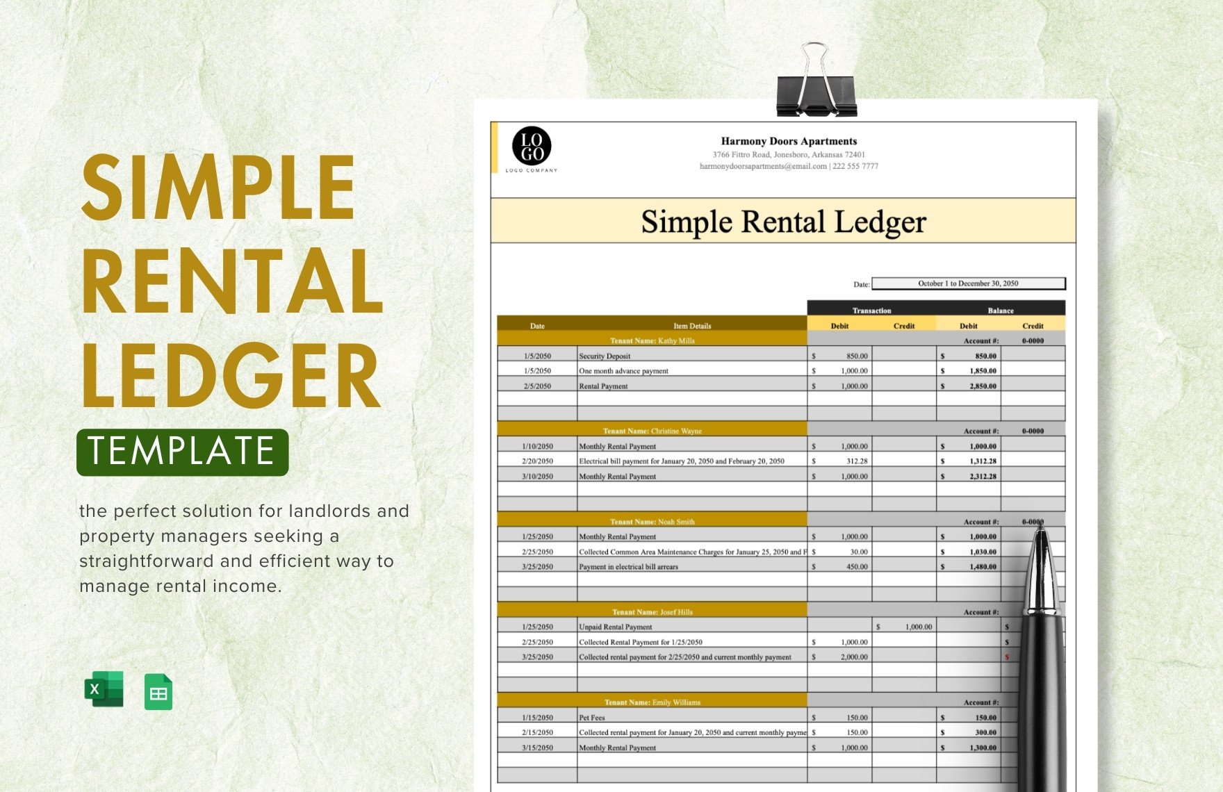 Simple Rental Ledger Template in Excel, Google Sheets