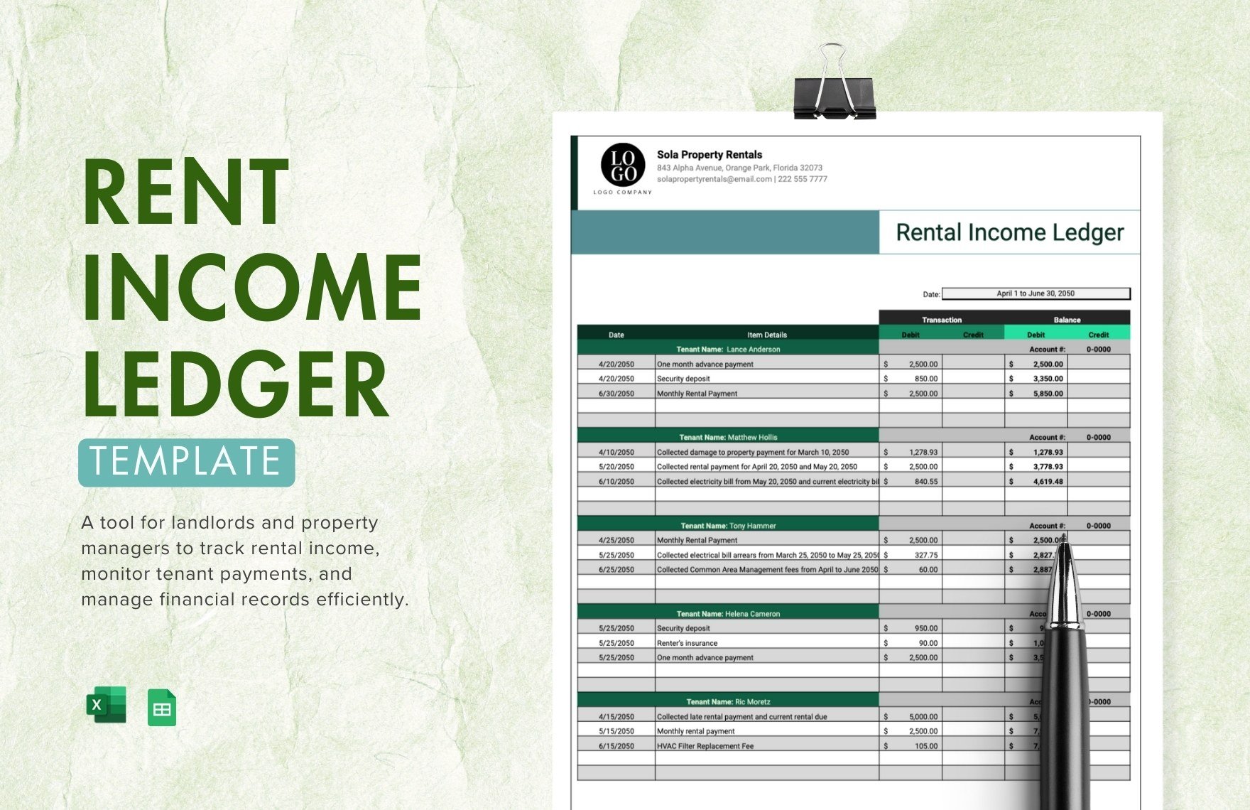 Rent Income Ledger Template in Excel, Google Sheets