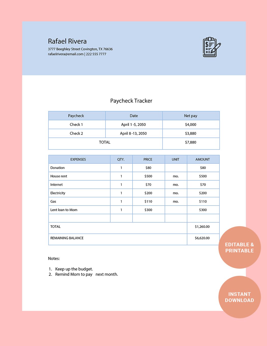 Paycheck Tracker Template