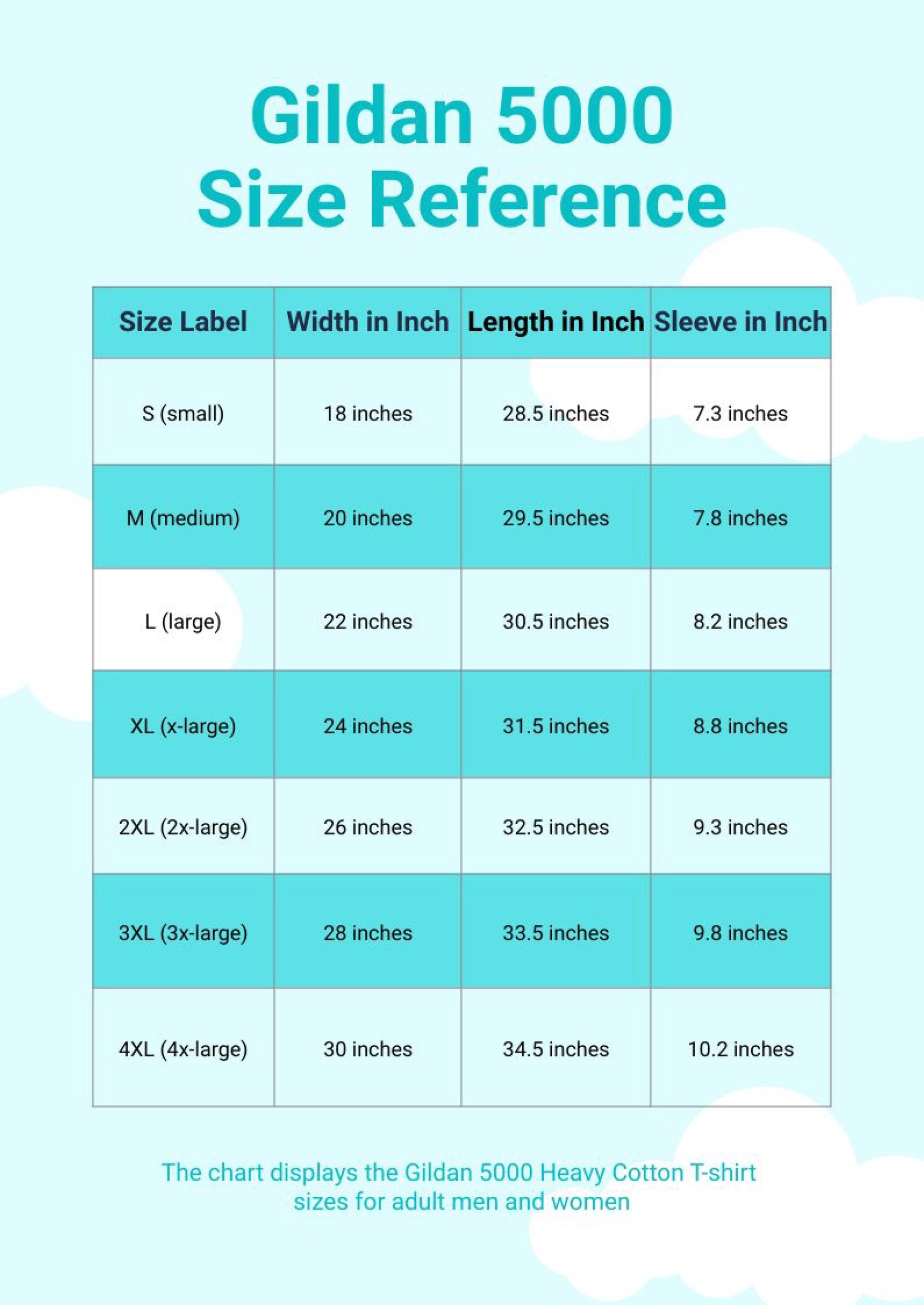 Gildan 5000 Size Chart in PDF, Illustrator