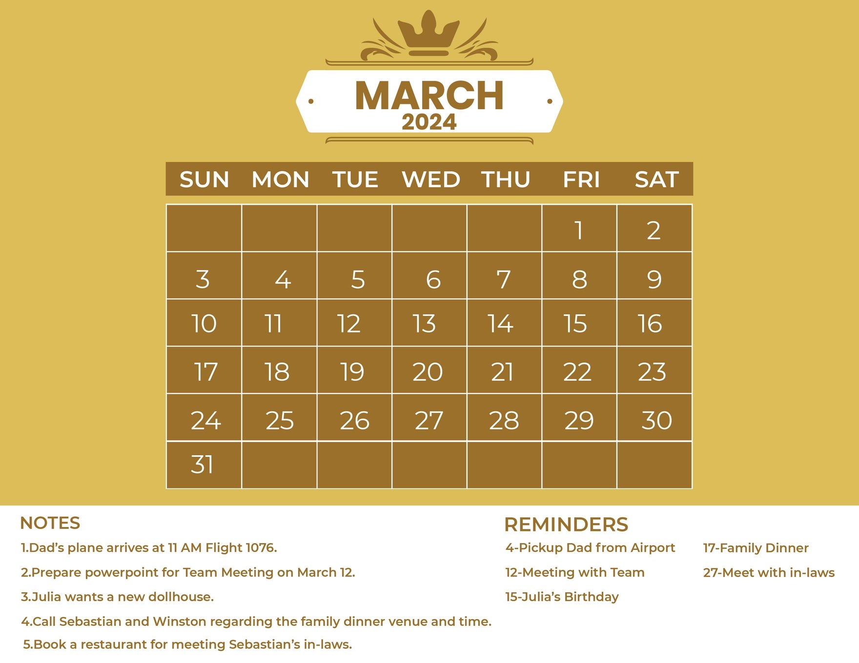 Fancy March 2024 Calendar in Word, Illustrator, EPS, SVG, JPG