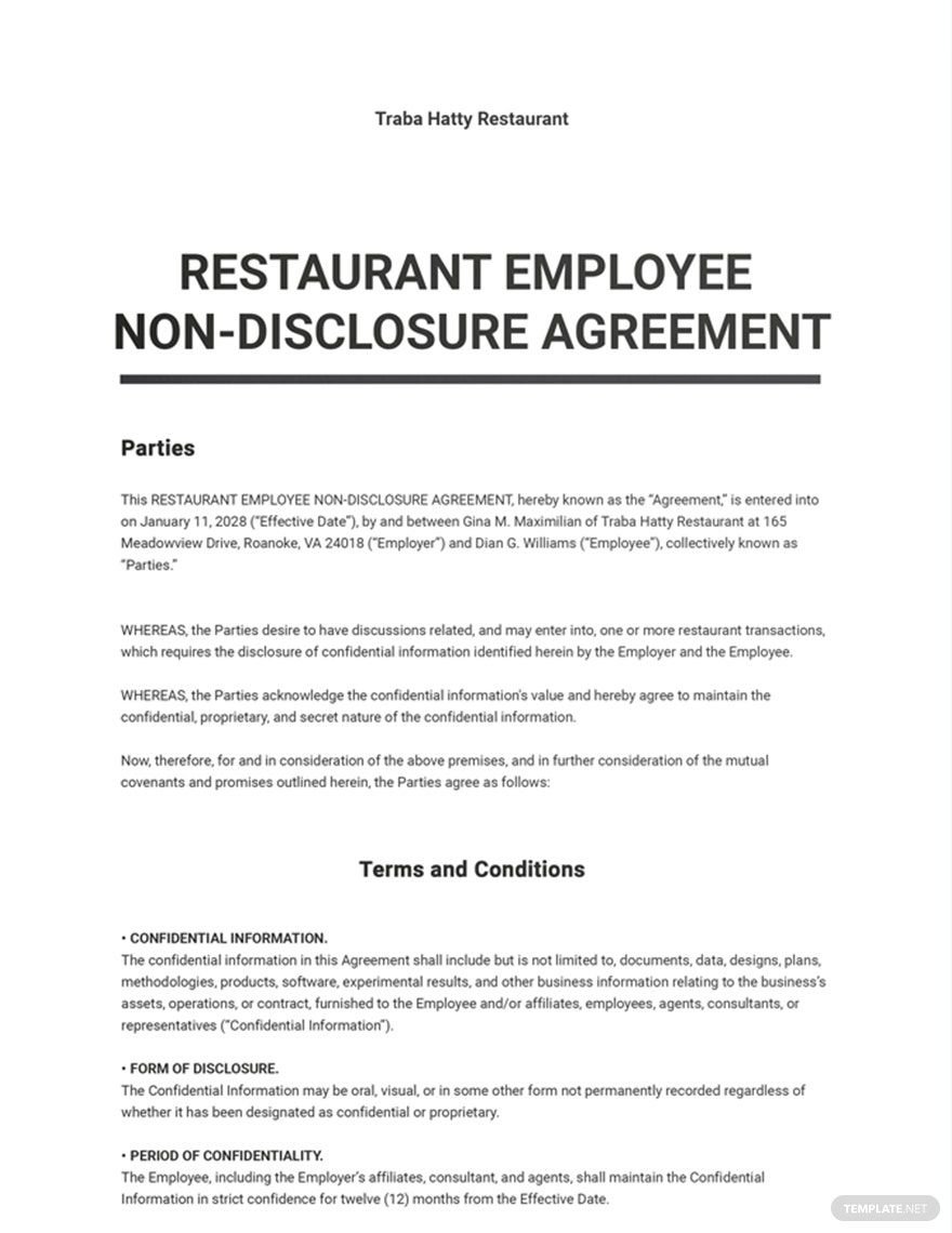 Restaurant Employee Non-Disclosure Agreement Template