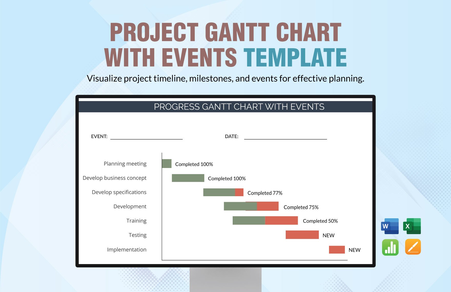 Progress Gantt chart with Events Template in Word, Excel, Apple Pages, Apple Numbers