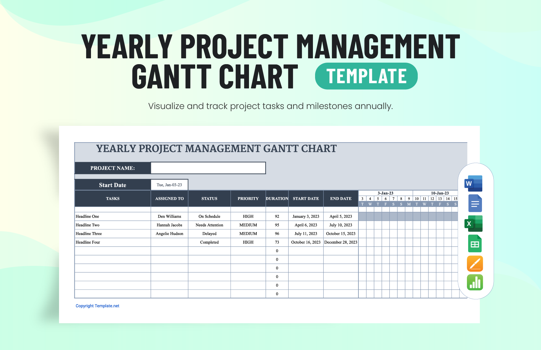Yearly Project Management Gantt Chart Template in Word, Excel, Google Sheets, Apple Pages, Apple Numbers