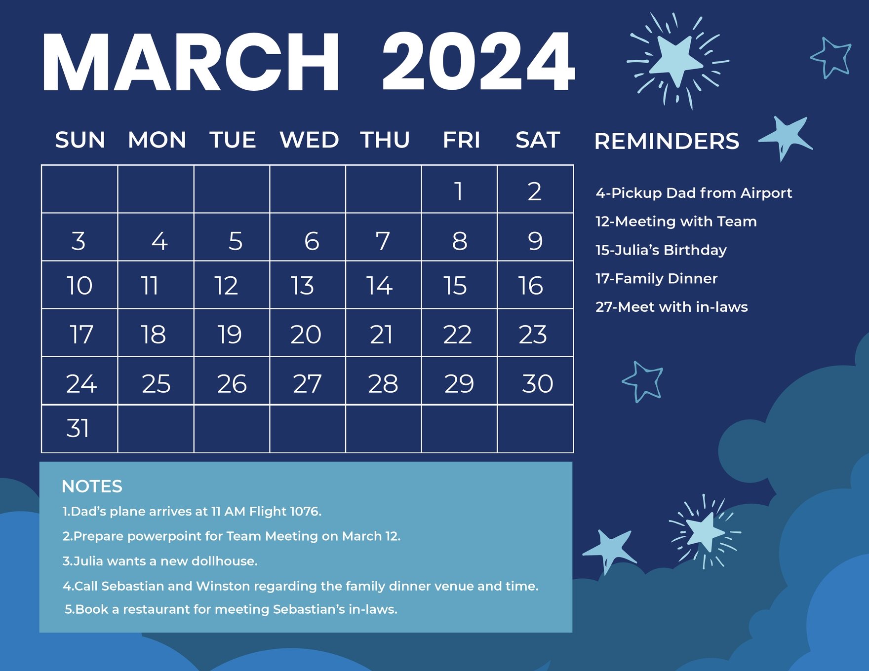 Blue March 2024 Calendar EPS, Illustrator, JPG, Word, SVG