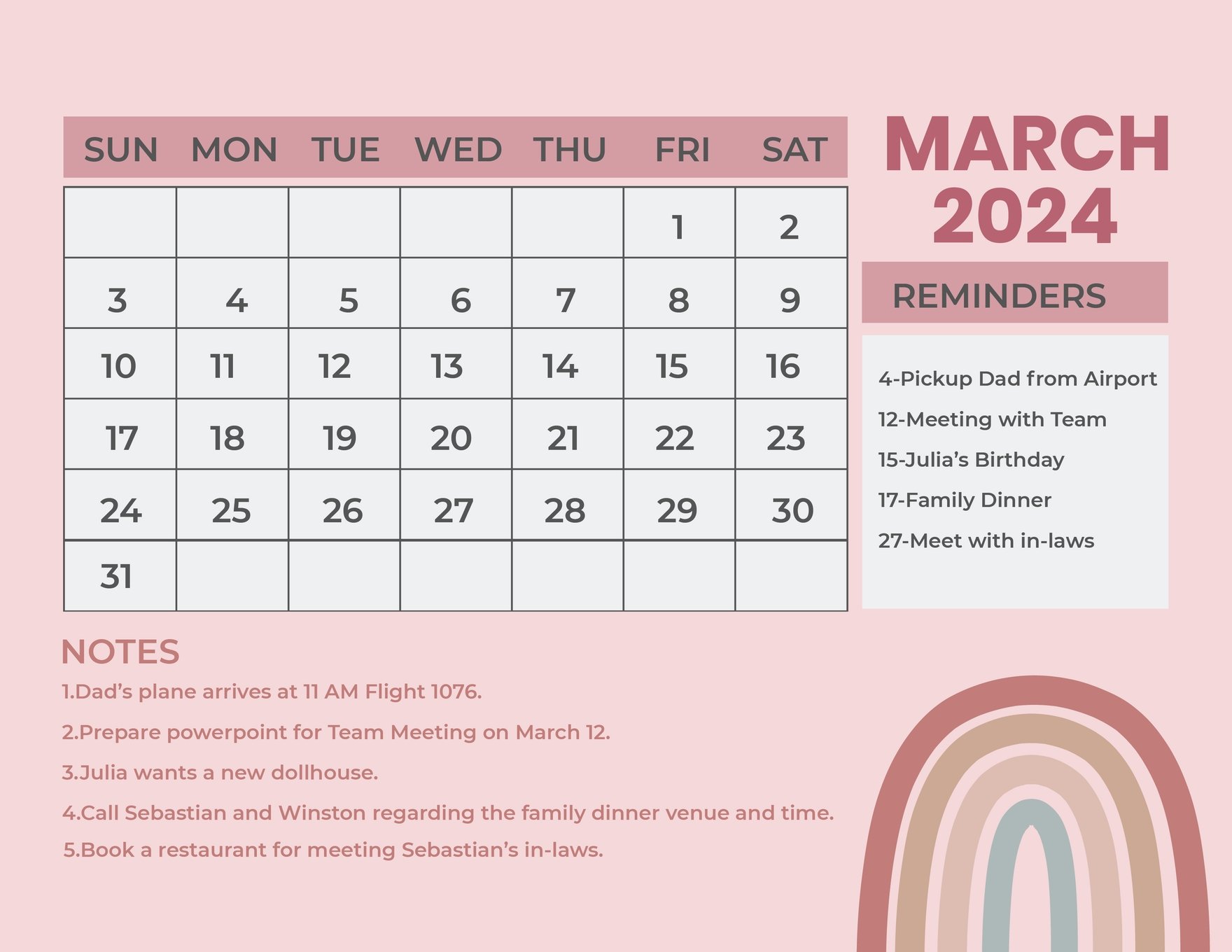 Pink March 2024 Calendar