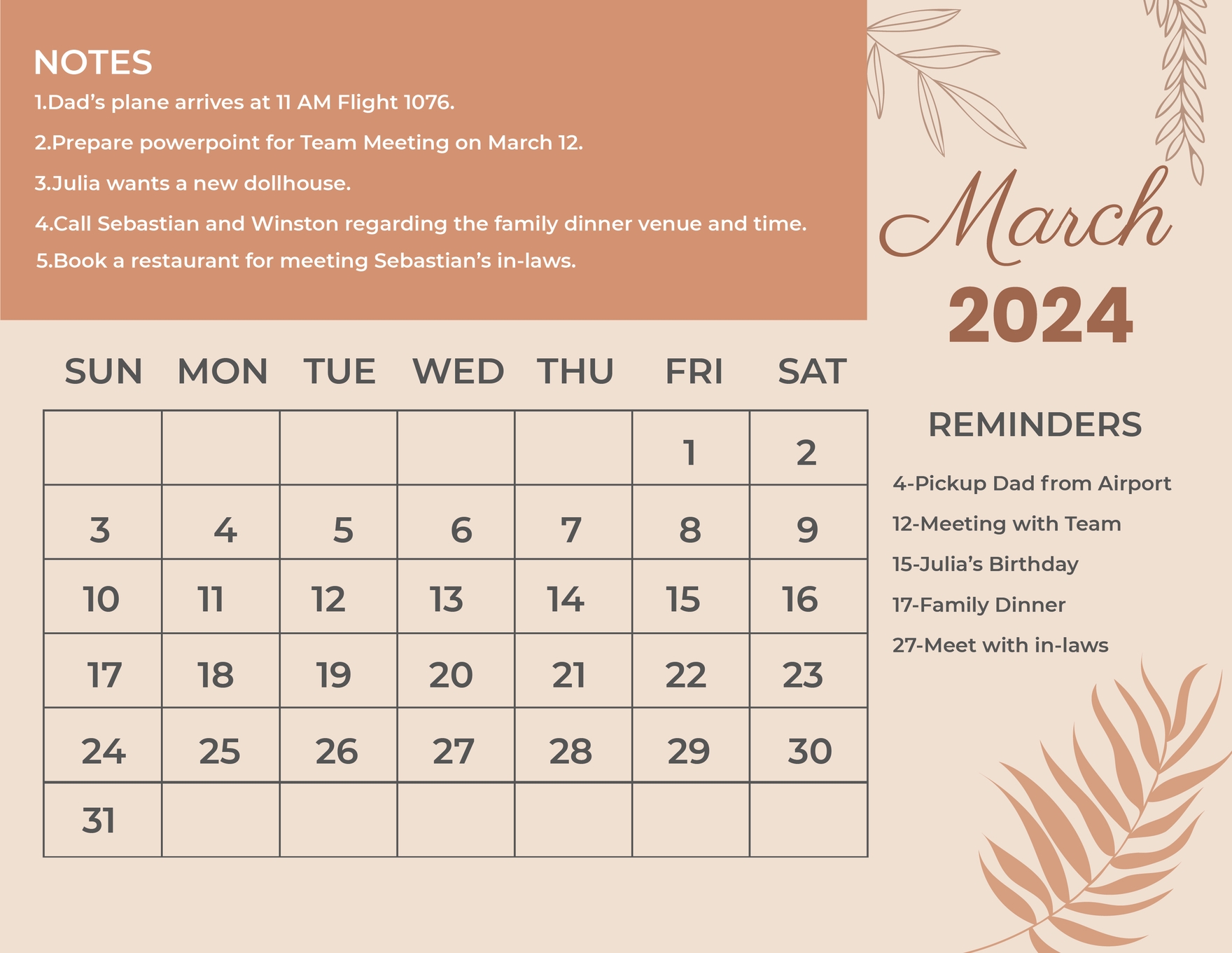 Calligraphy March 2024 Calendar in EPS, Illustrator, JPG, Word, SVG