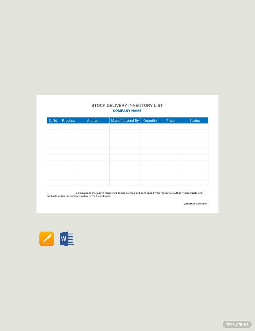 Stock Delivery Inventory List Template