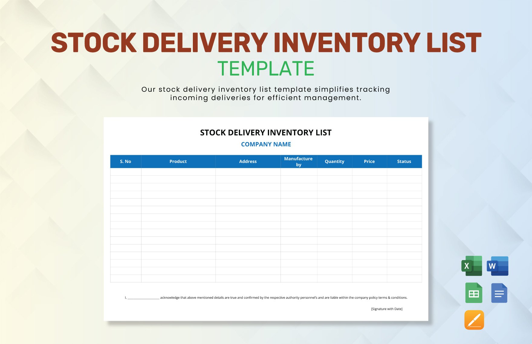 Stock Delivery Inventory List Template in Word, Google Docs, Excel, Google Sheets, Apple Pages