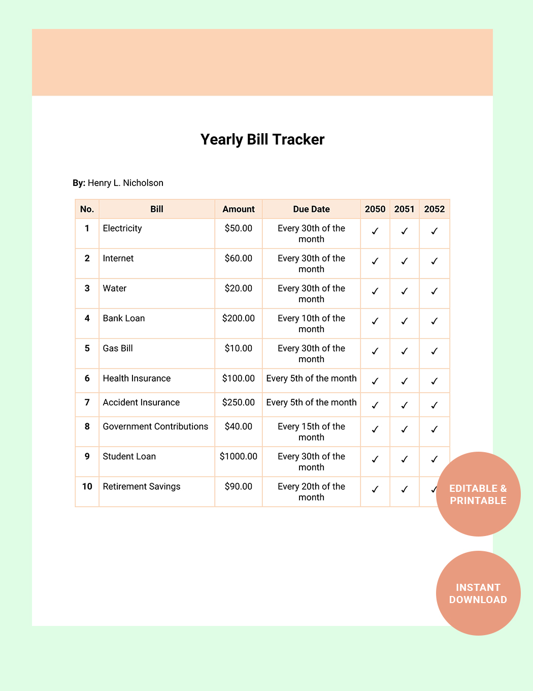 Yearly Bill Tracker Template