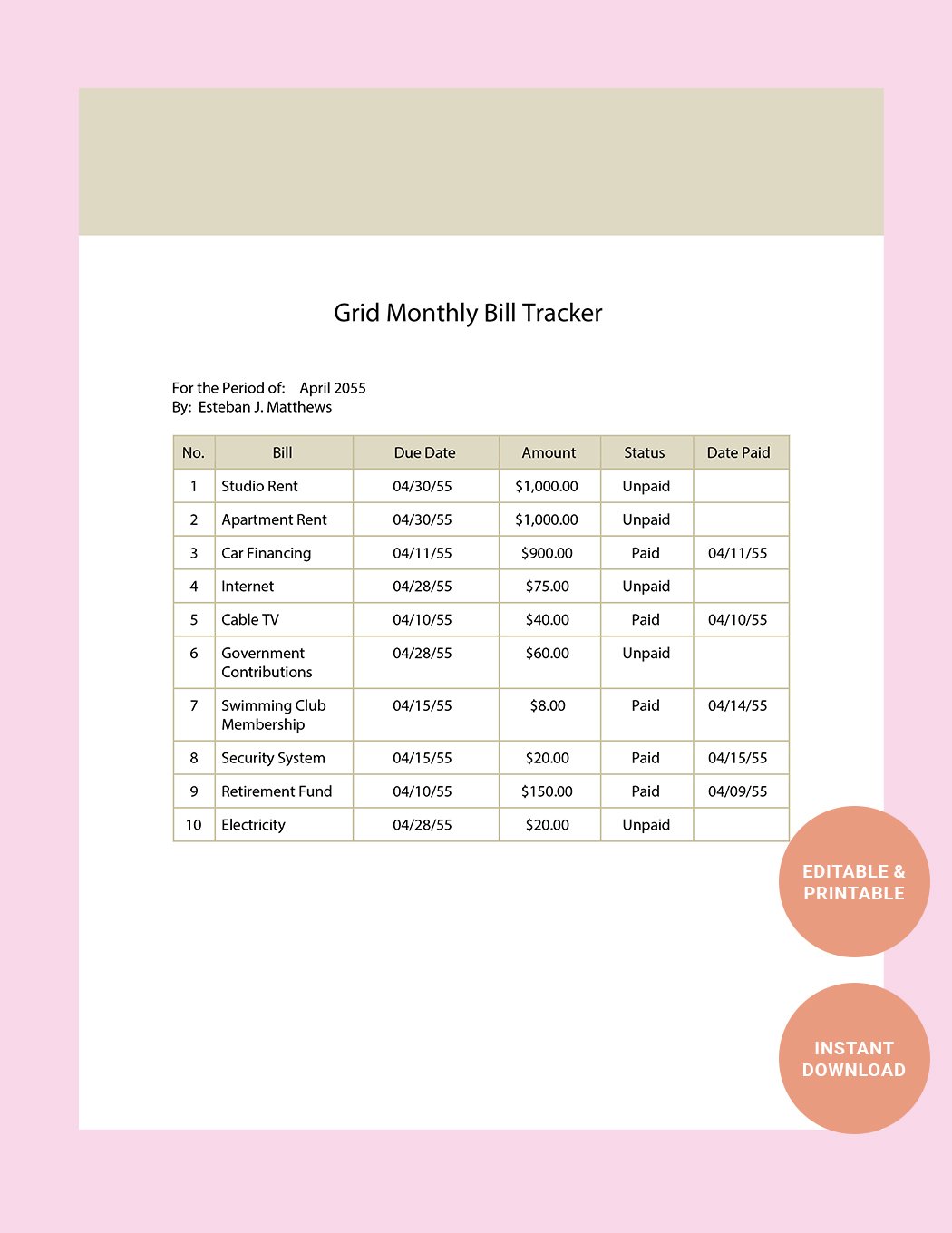 Free Grid Monthly Bill Tracker Template