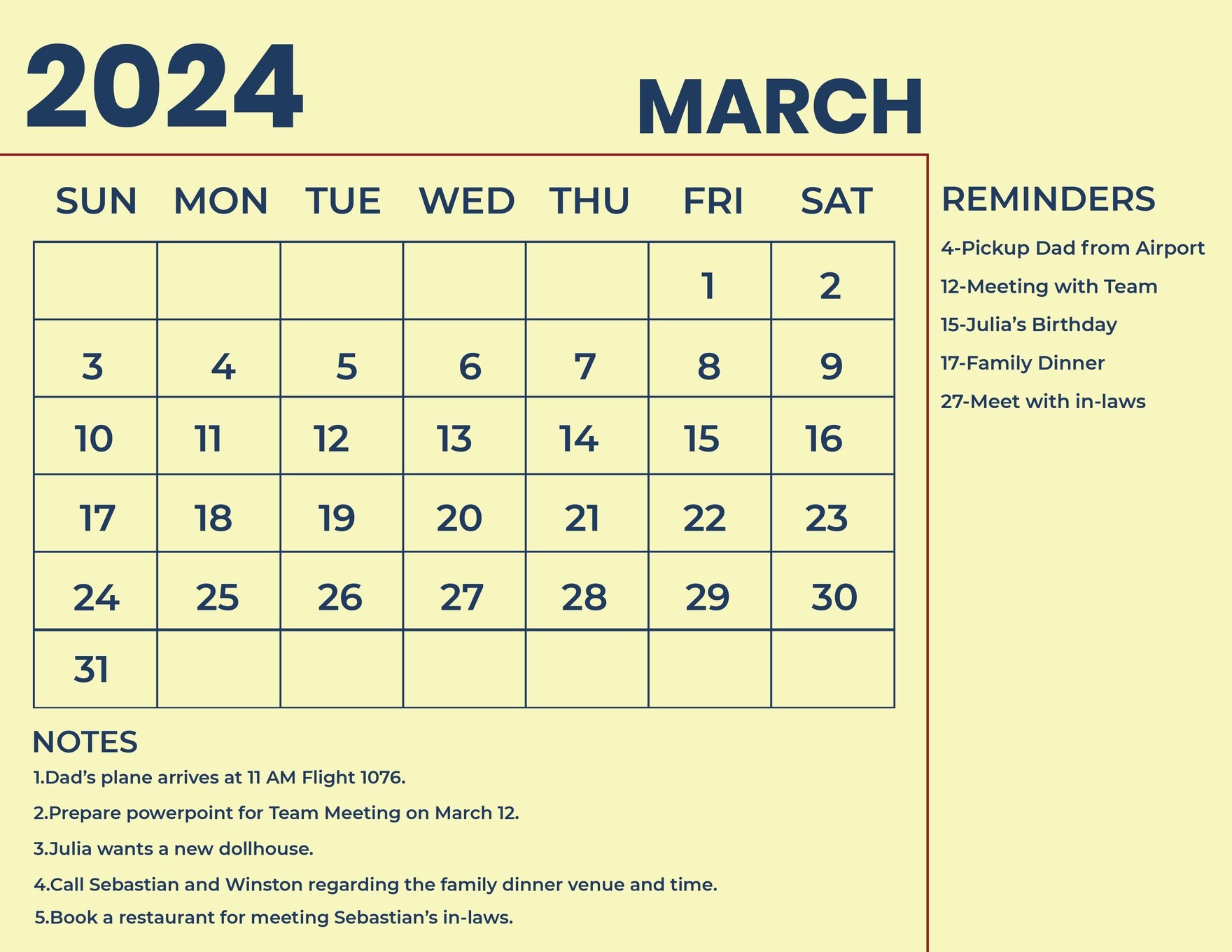 Printable March 2024 Monthly Calendar