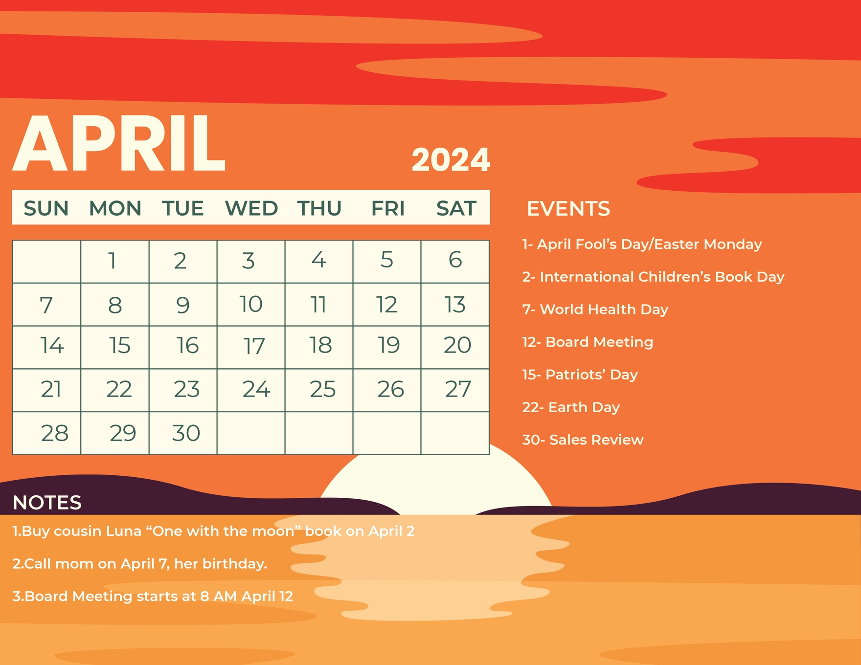 April 2024 Calendar Word Templates Design, Free, Download