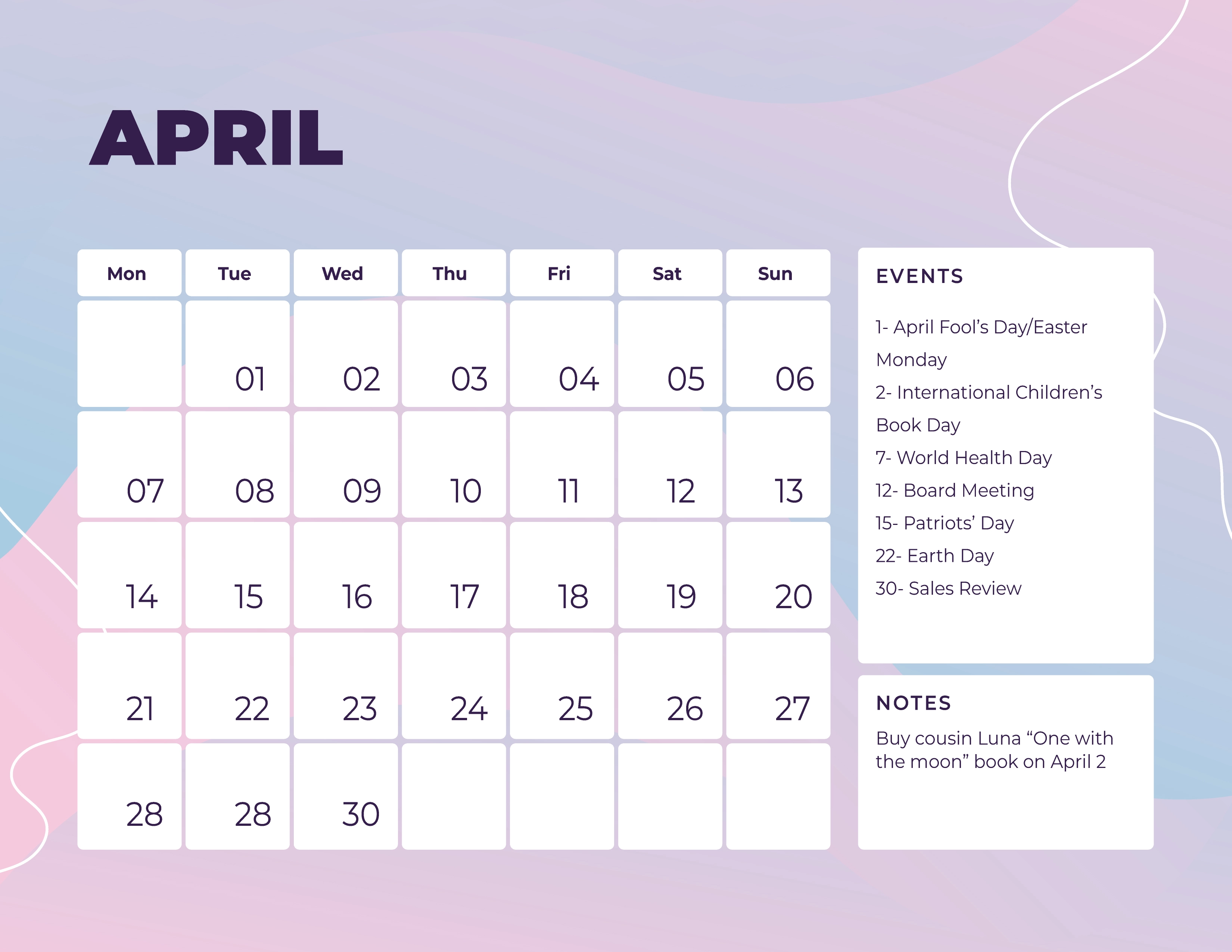 April Calendar With Holidays in EPS, Illustrator, JPG, Word, SVG to Download April Calendar With Holidays in EPS, Illustrator, JPG, Word, SVG to Download