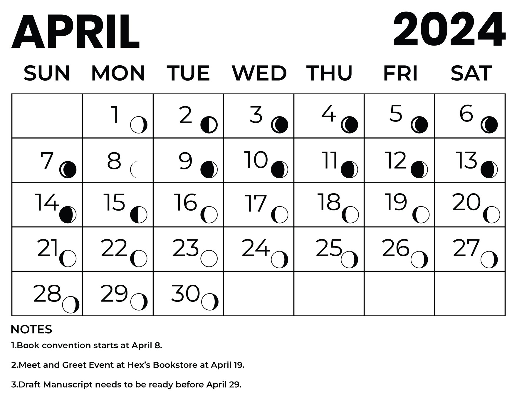April 2024 Calendar With Moon Phases