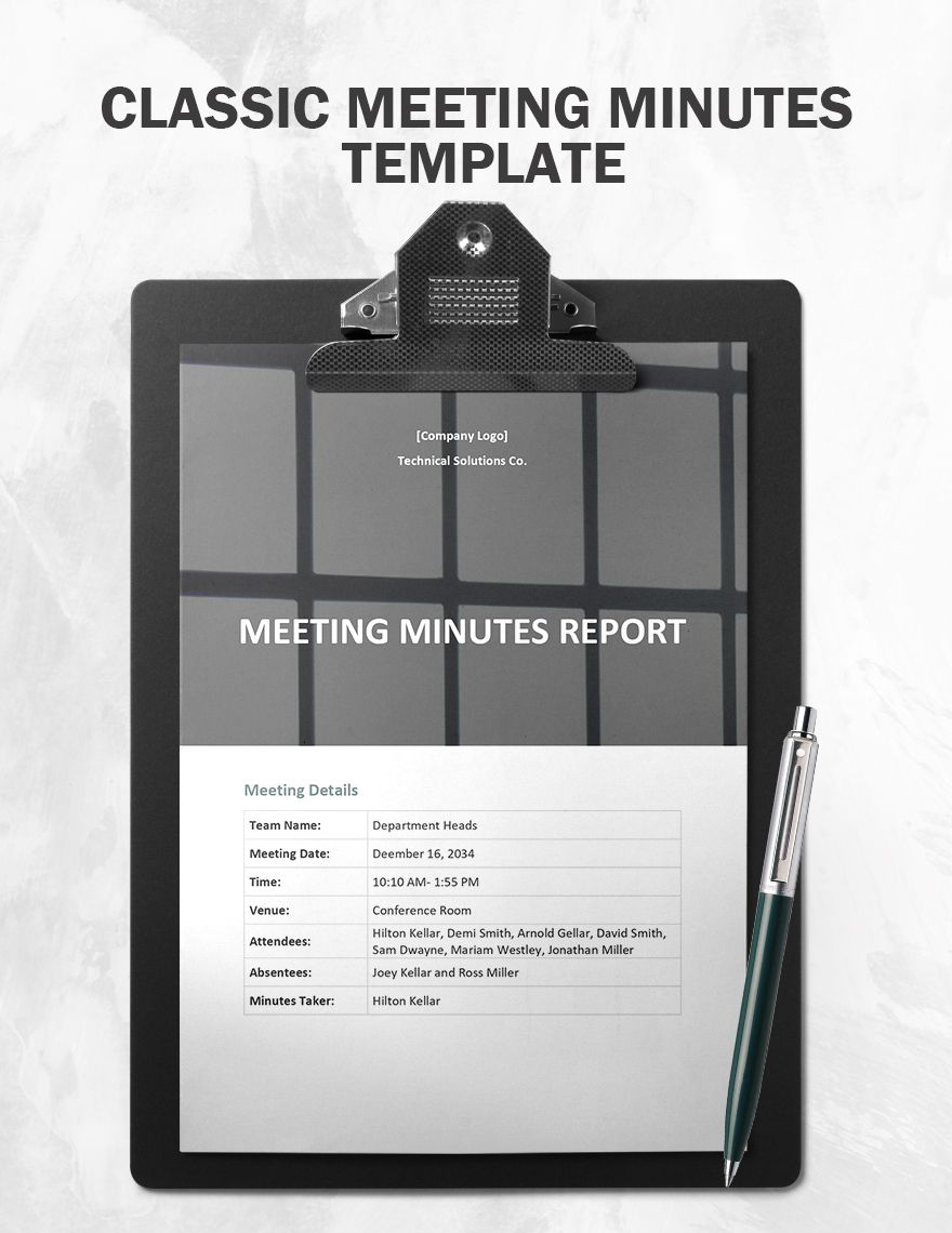 Classic Meeting Minutes Template - Word, Google Docs, Apple Pages ...