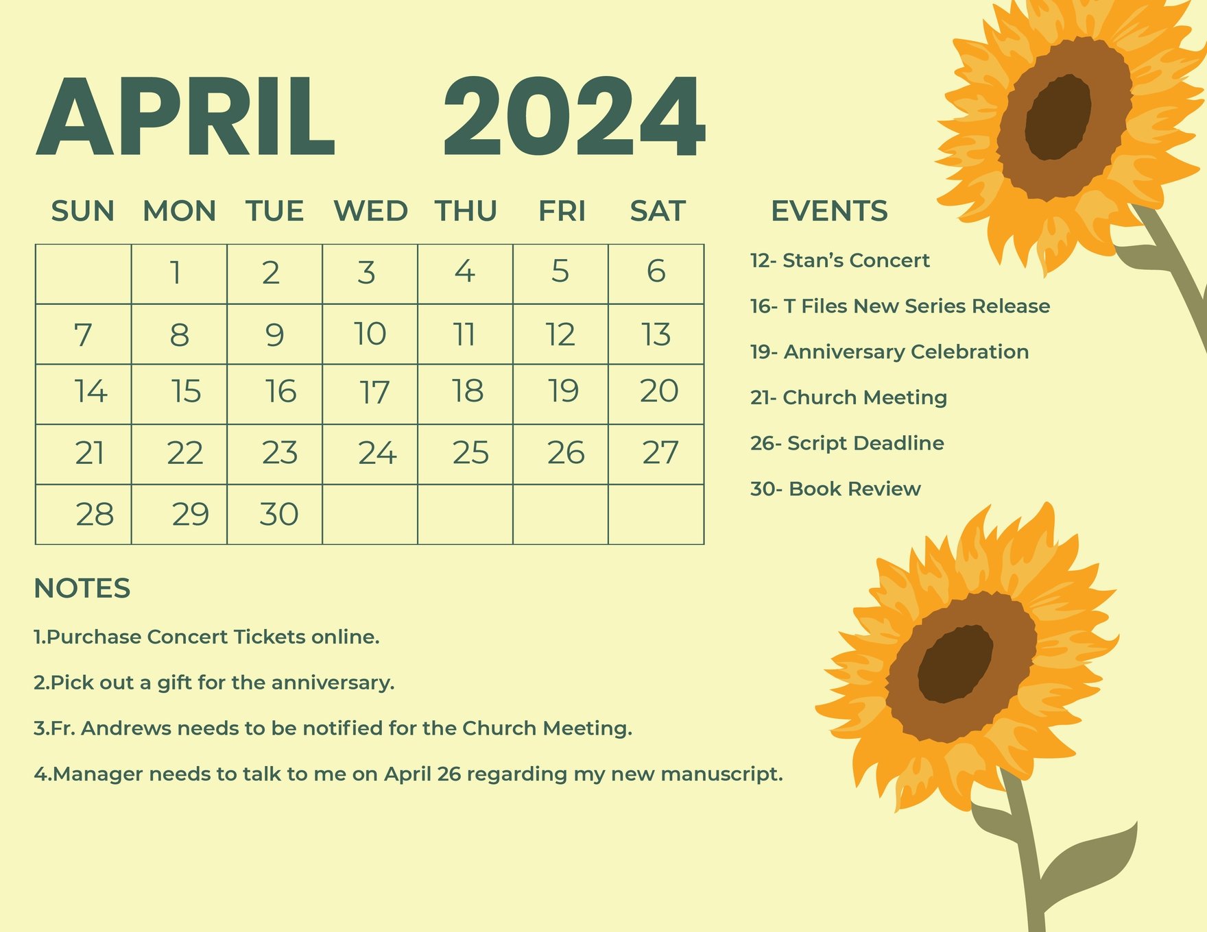 Free Pretty April 2024 Calendar - EPS, Illustrator, JPG, Word, SVG