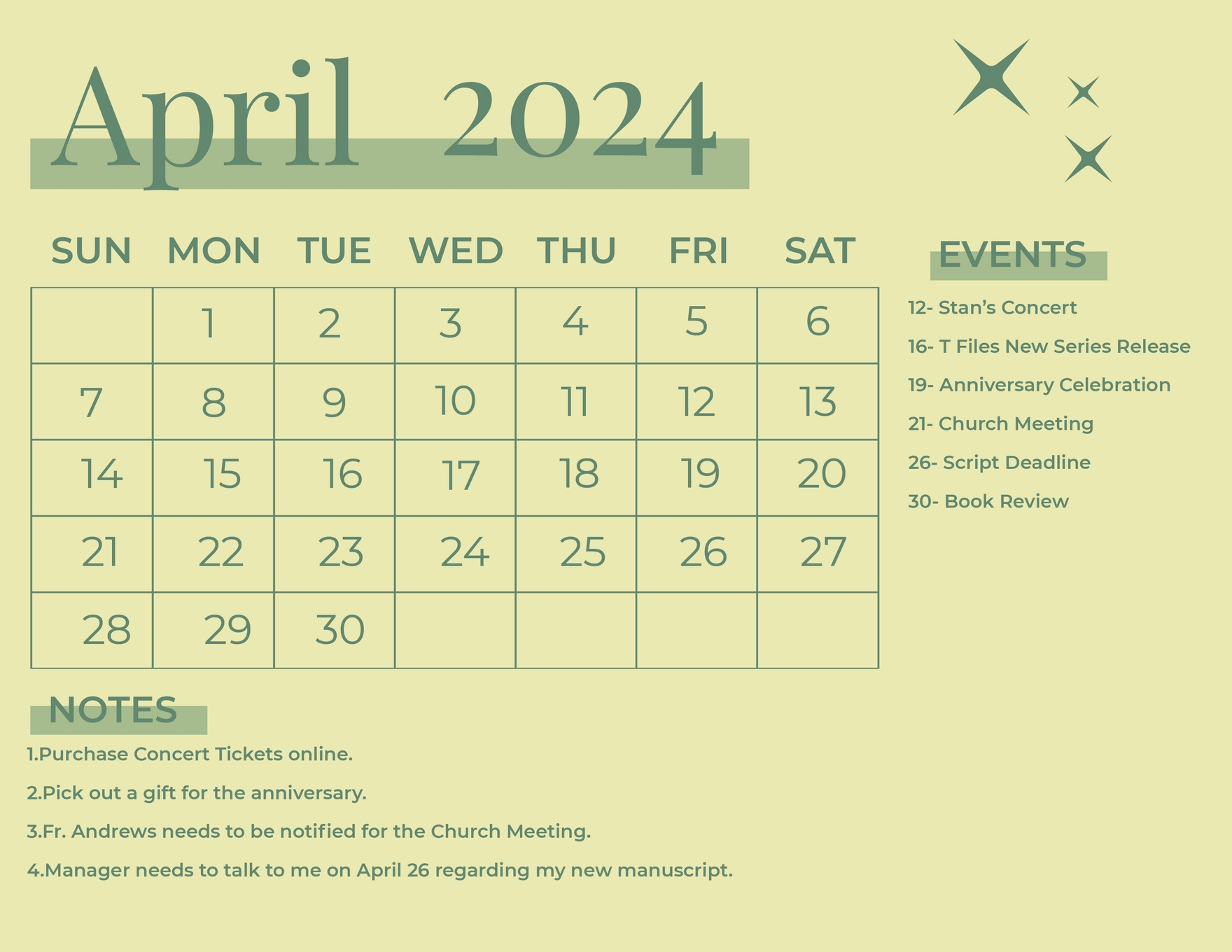 April 2024 Monthly Calendar EPS Illustrator JPG Word SVG Template
