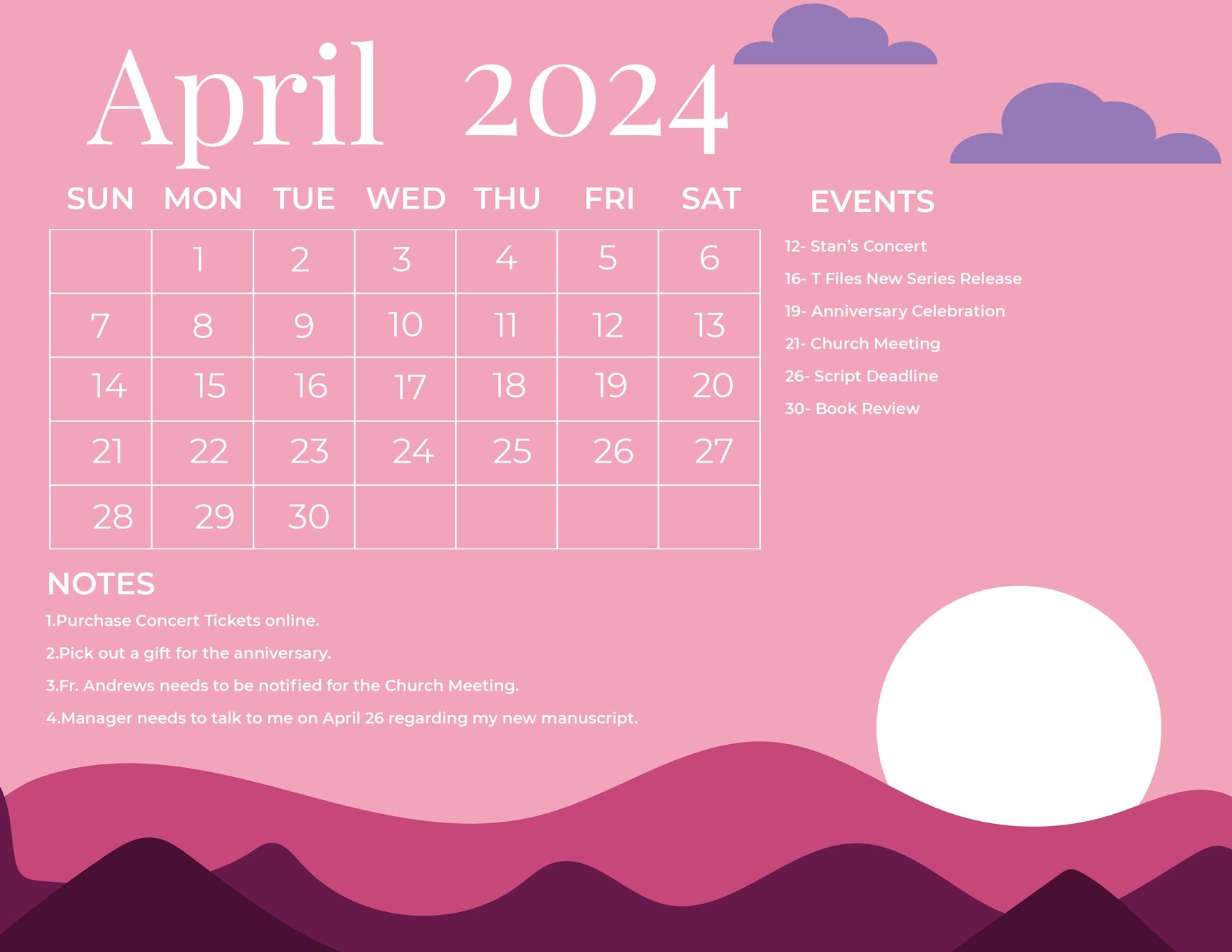 Pink April 2024 Calendar