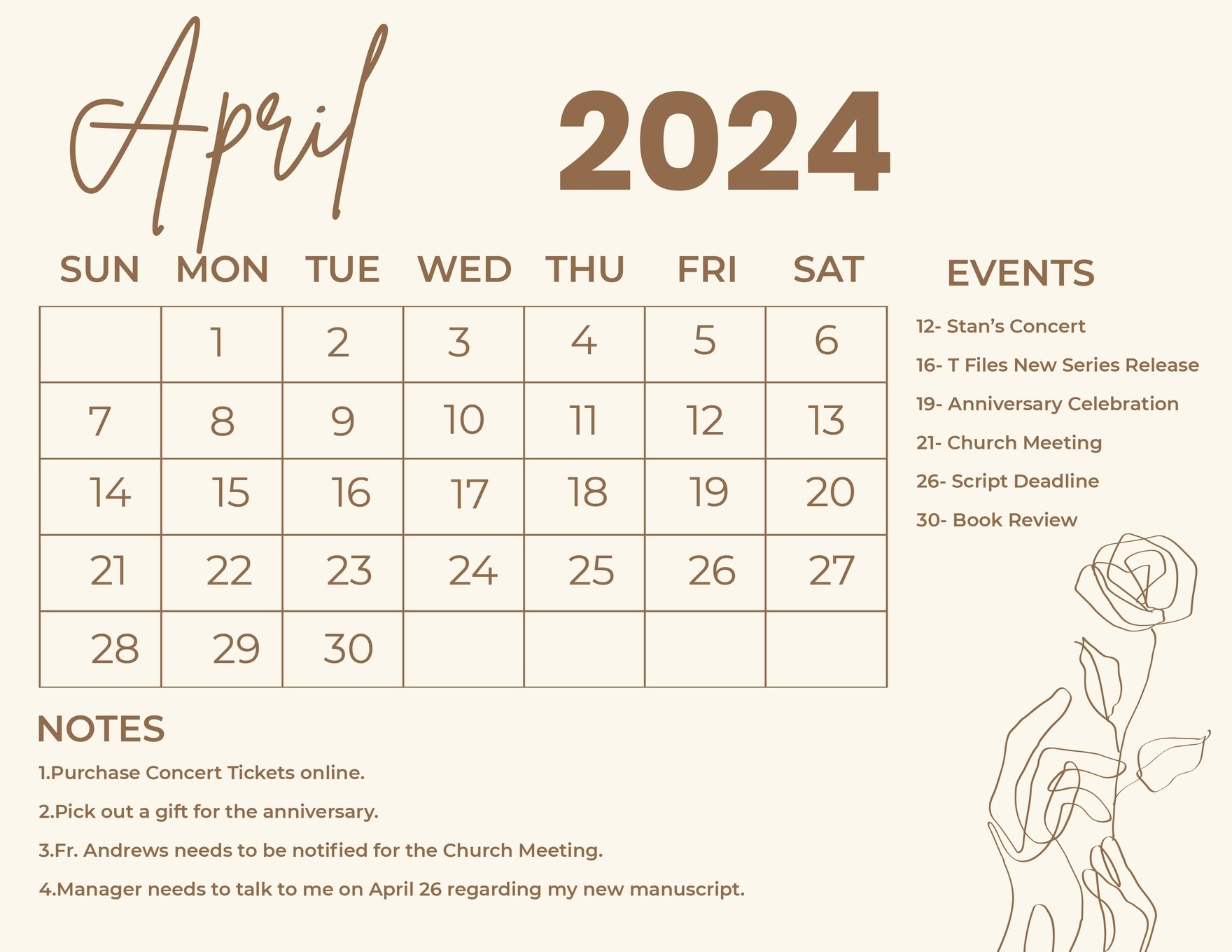 Calligraphy April 2024 Calendar