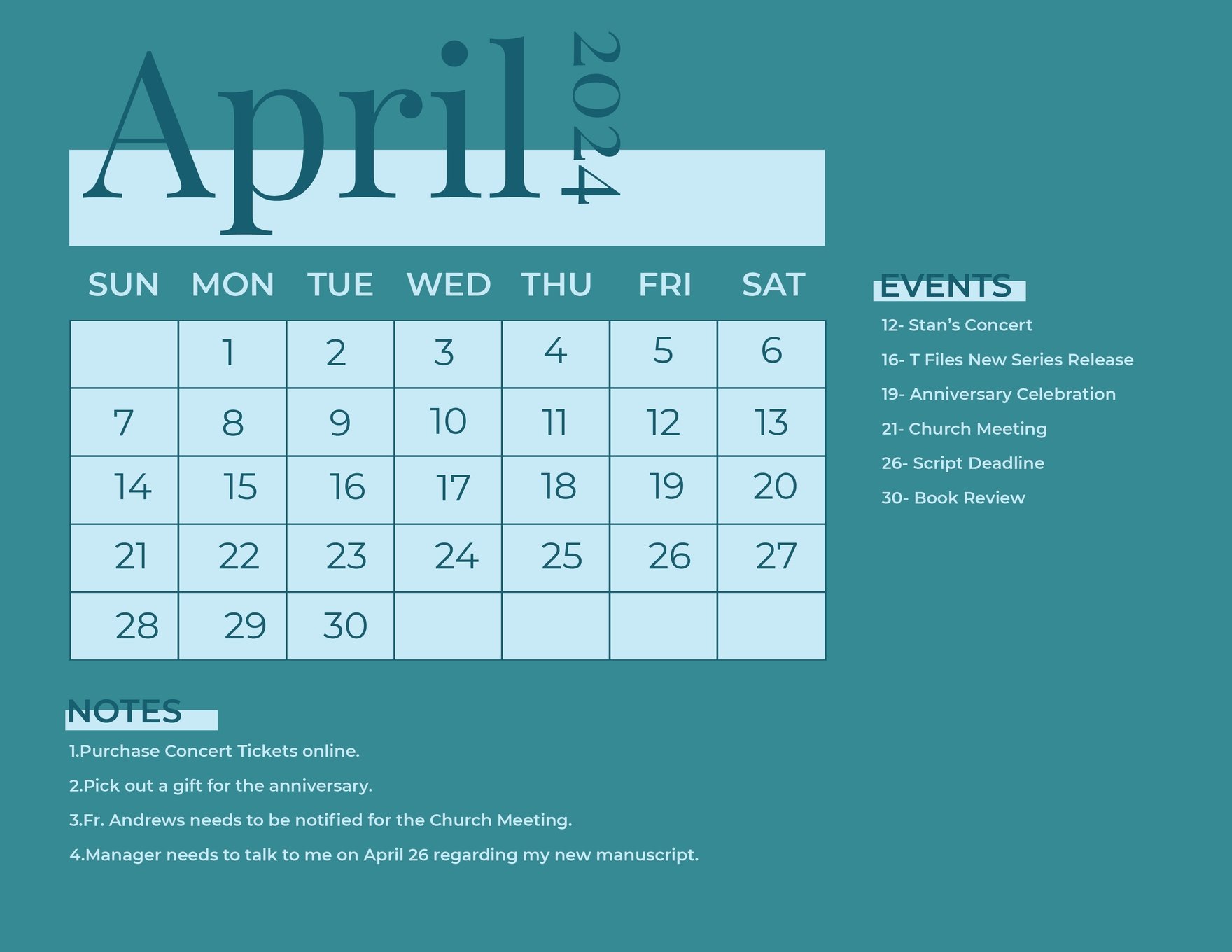 Free Simple April 2024 Calendar