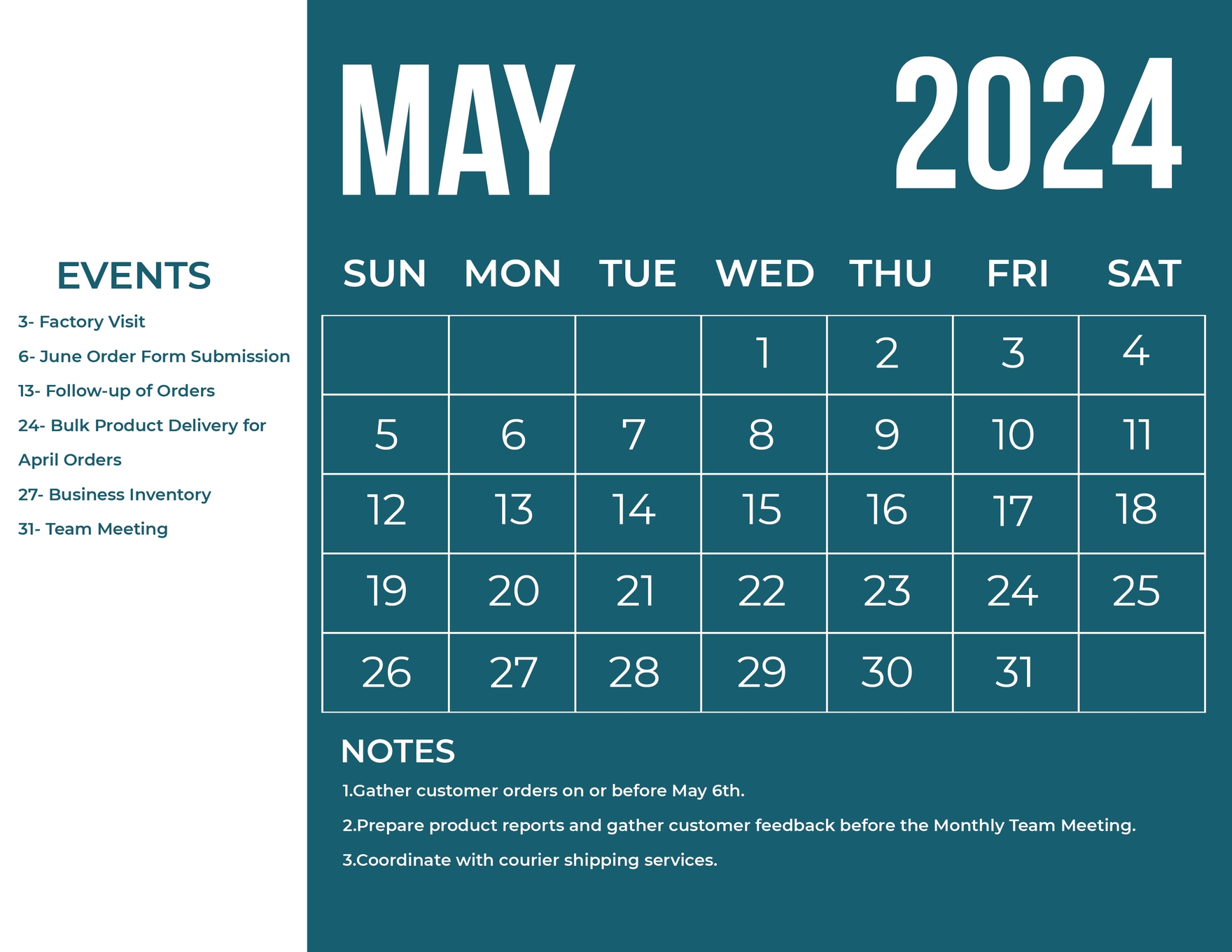 Colorful May 2024 Calendar in EPS, Illustrator, Word, JPG, SVG