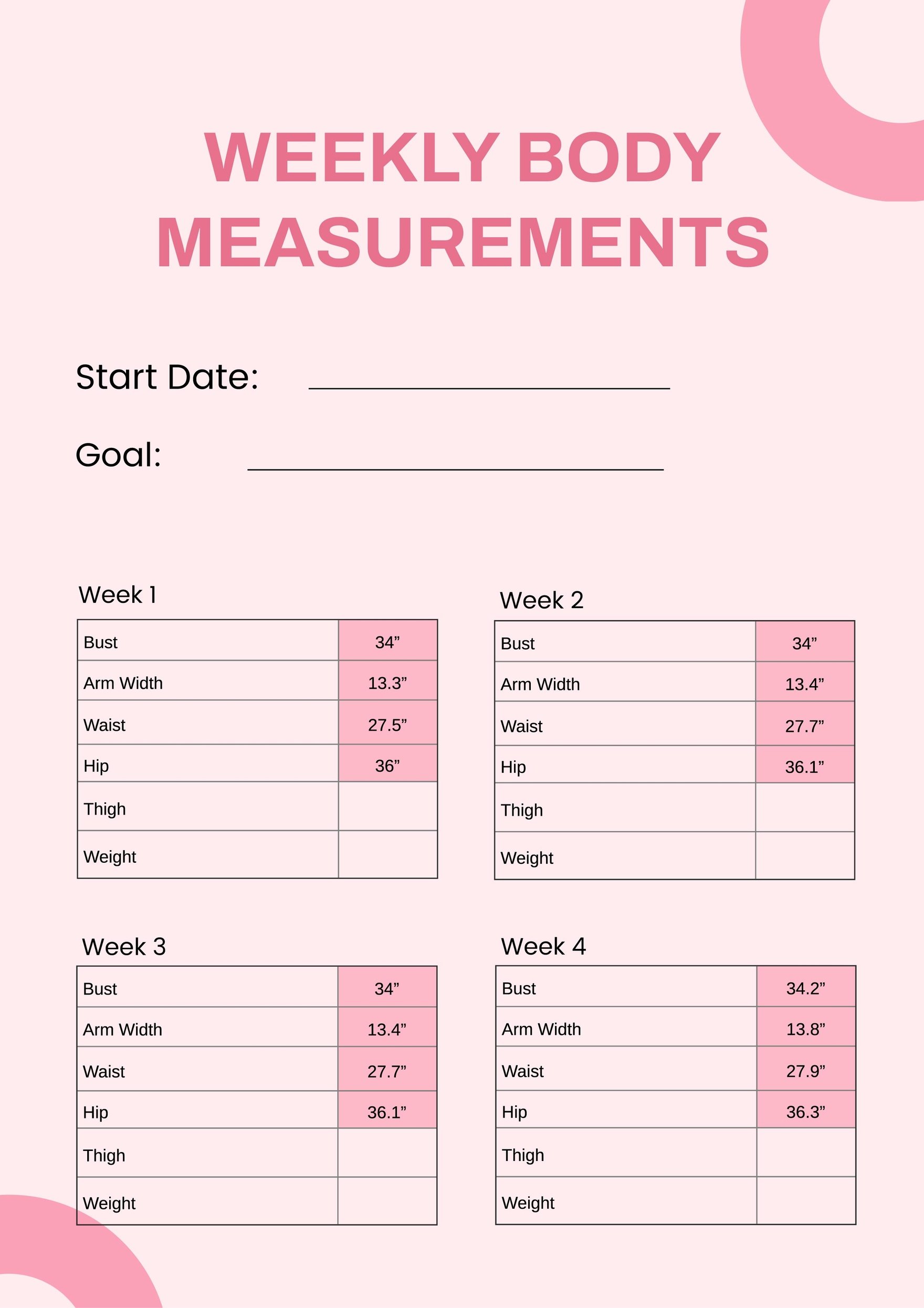 Weekly Measurements Chart in PDF, Illustrator