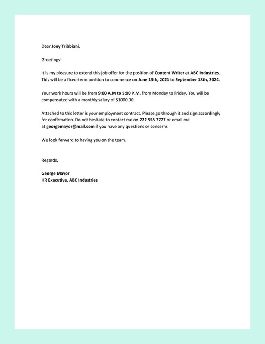 Contract Offer Letter Template