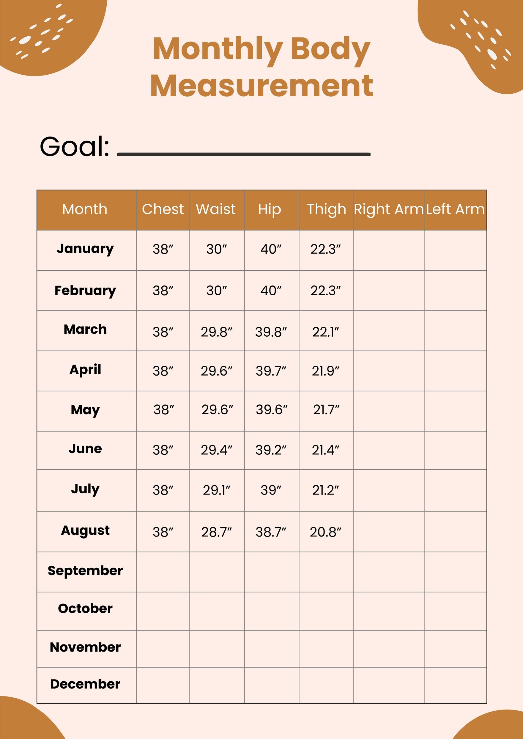 Monthly Body Measurement Chart in PDF, Illustrator