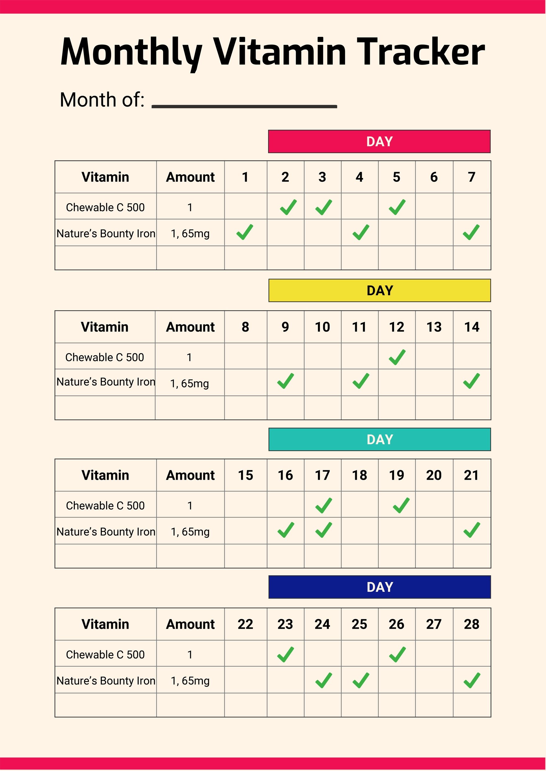 Free Monthly Vitamin Tracker Chart