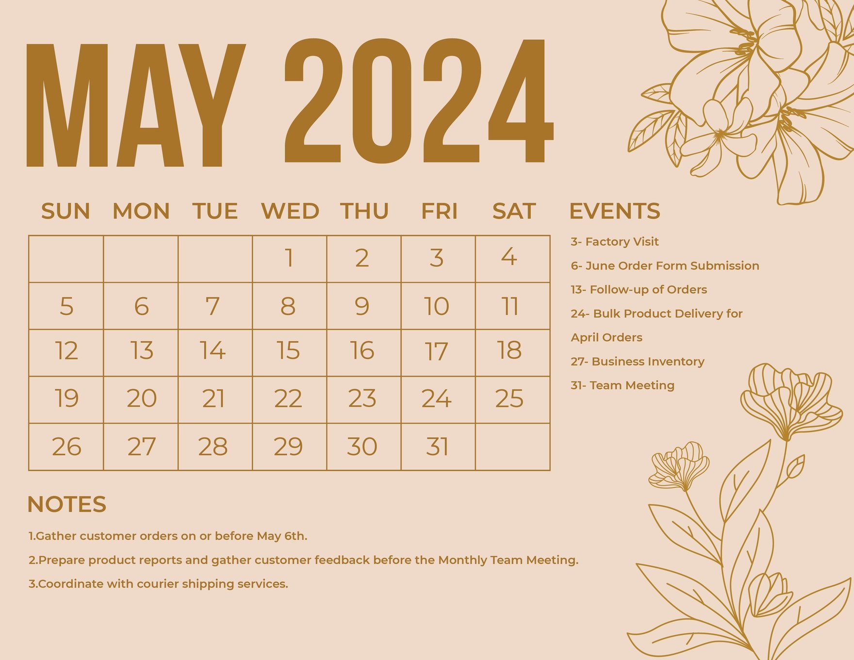 Printable May 2024 Calendar in EPS, Illustrator, JPG, Word, SVG