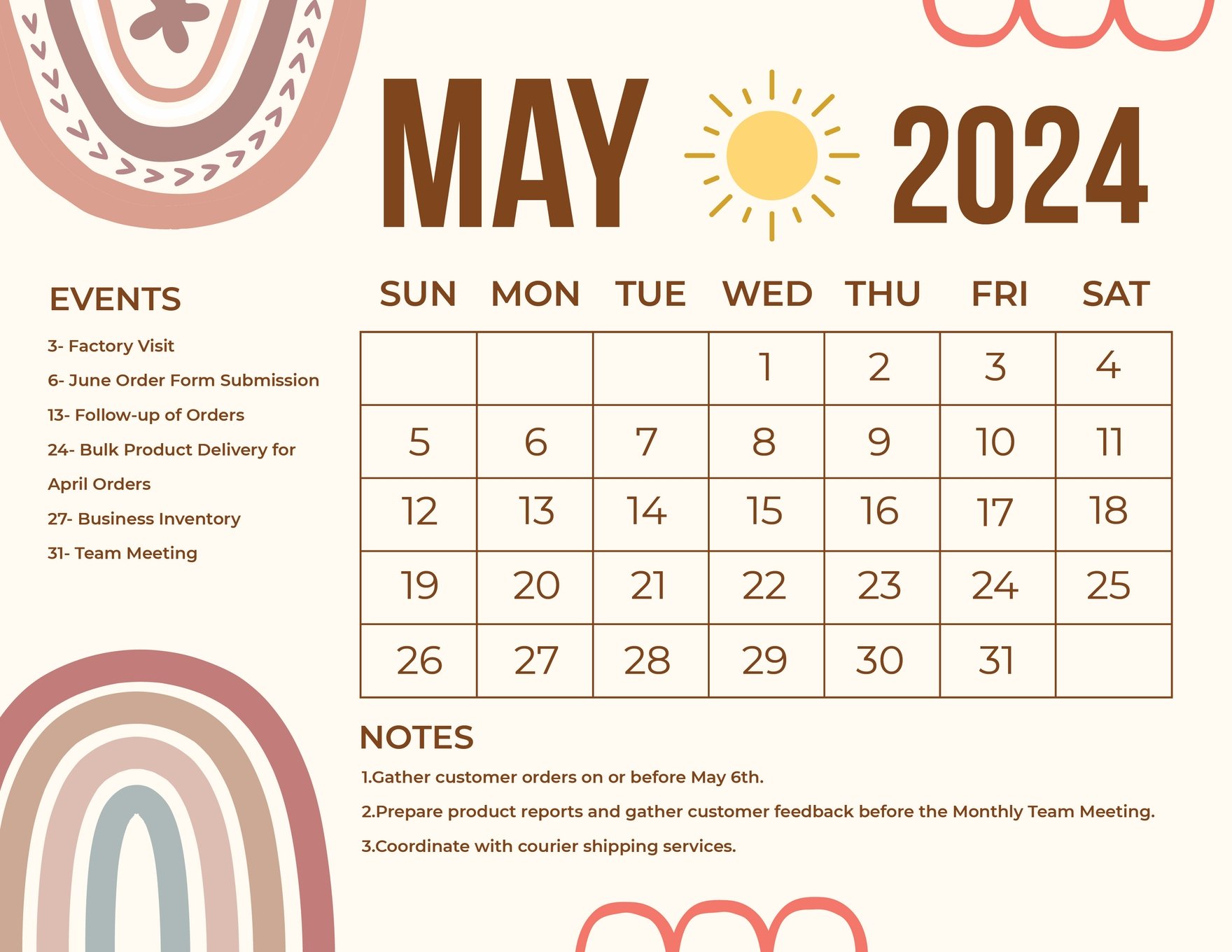 Colorful May 2024 Calendar