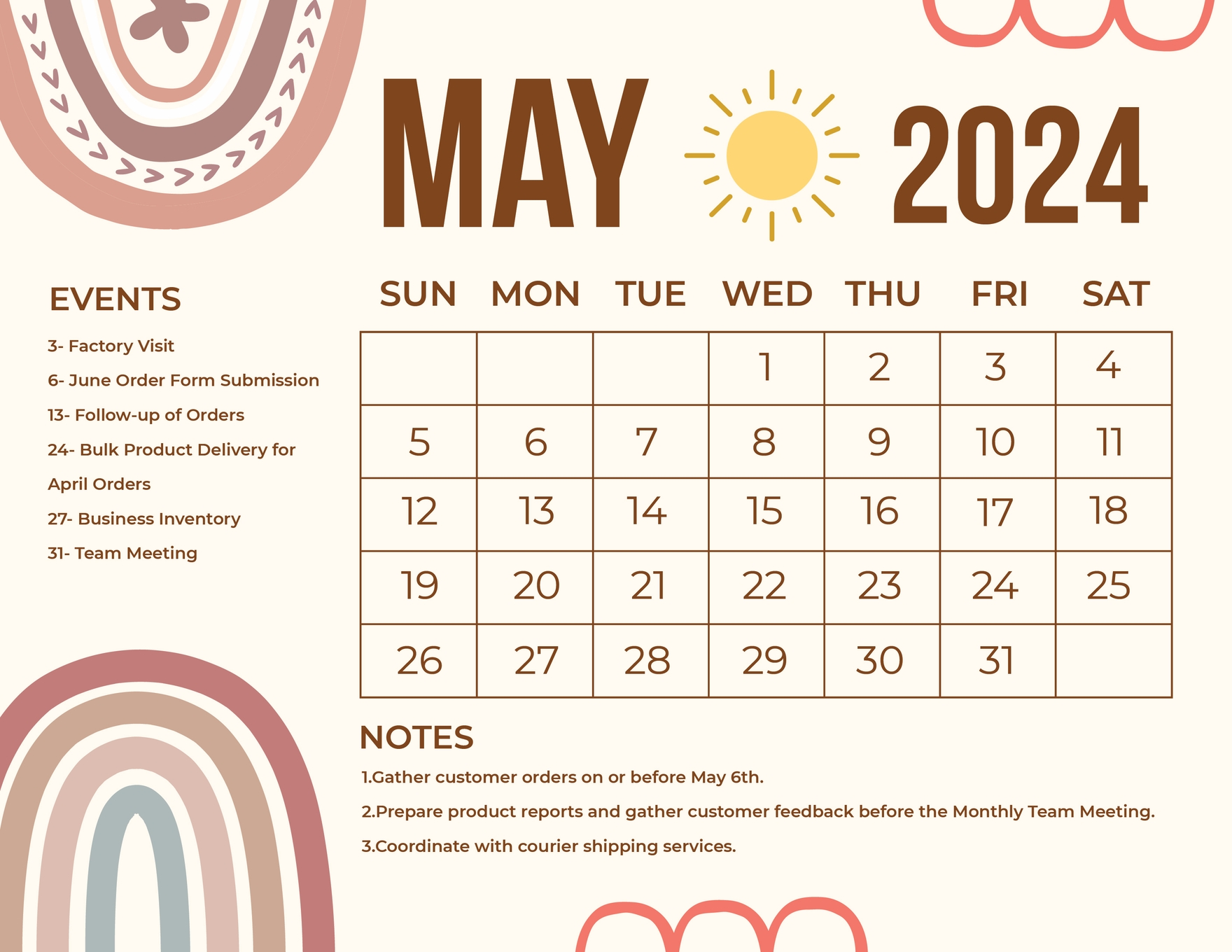 Colorful May 2024 Calendar in EPS, Illustrator, Word, JPG, SVG - Download | Template.net