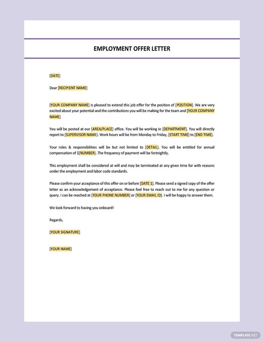 Editable Employment Offer Letter Template - Google Docs, Word