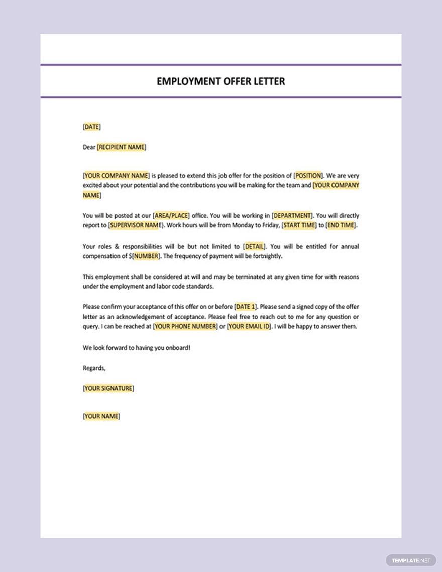 Editable Employment Offer Letter Template in Google Docs, Word, Pages, PDF - Download | Template.net