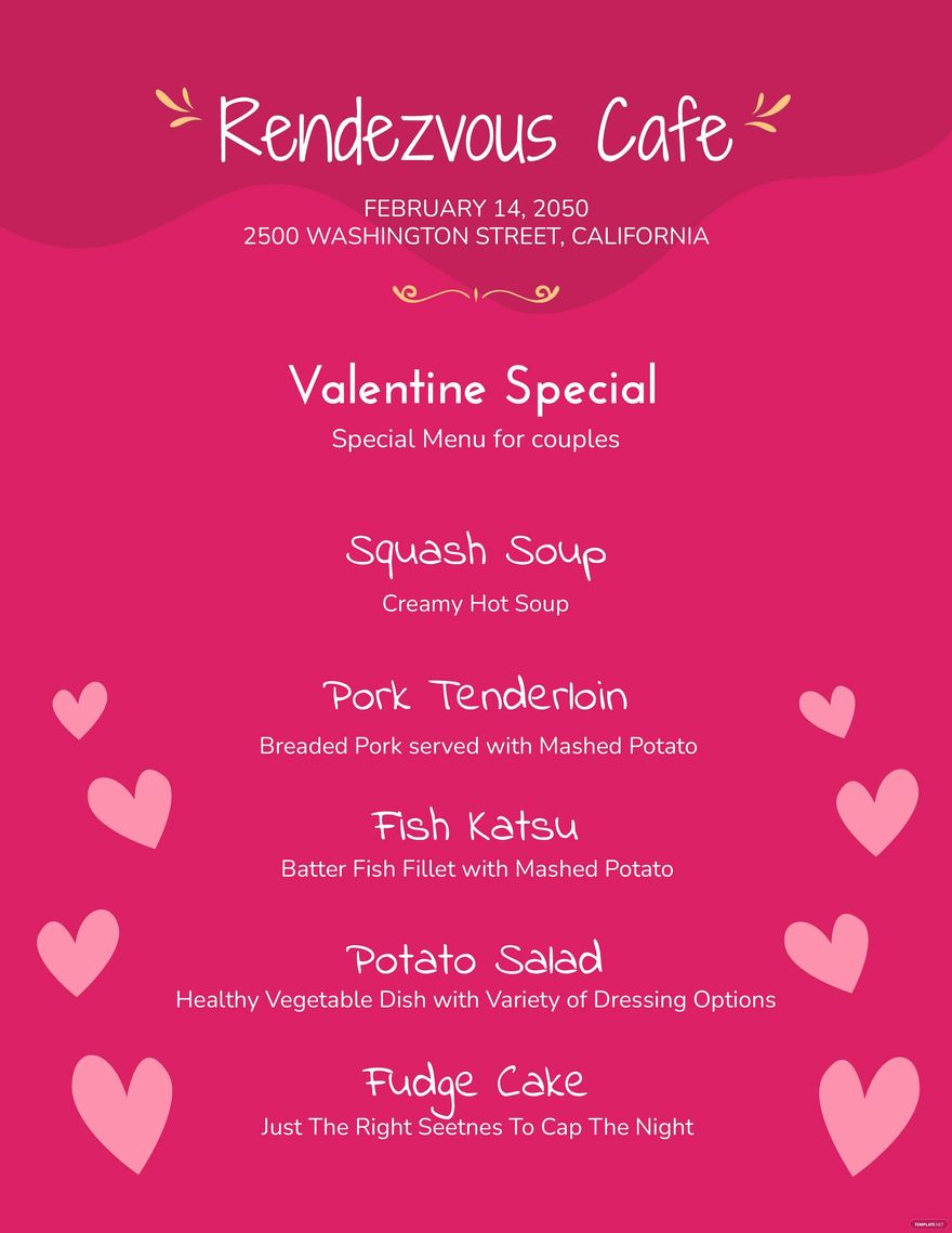 Valentine's Half Page Menu Template in Word, Google Docs, Illustrator, PSD