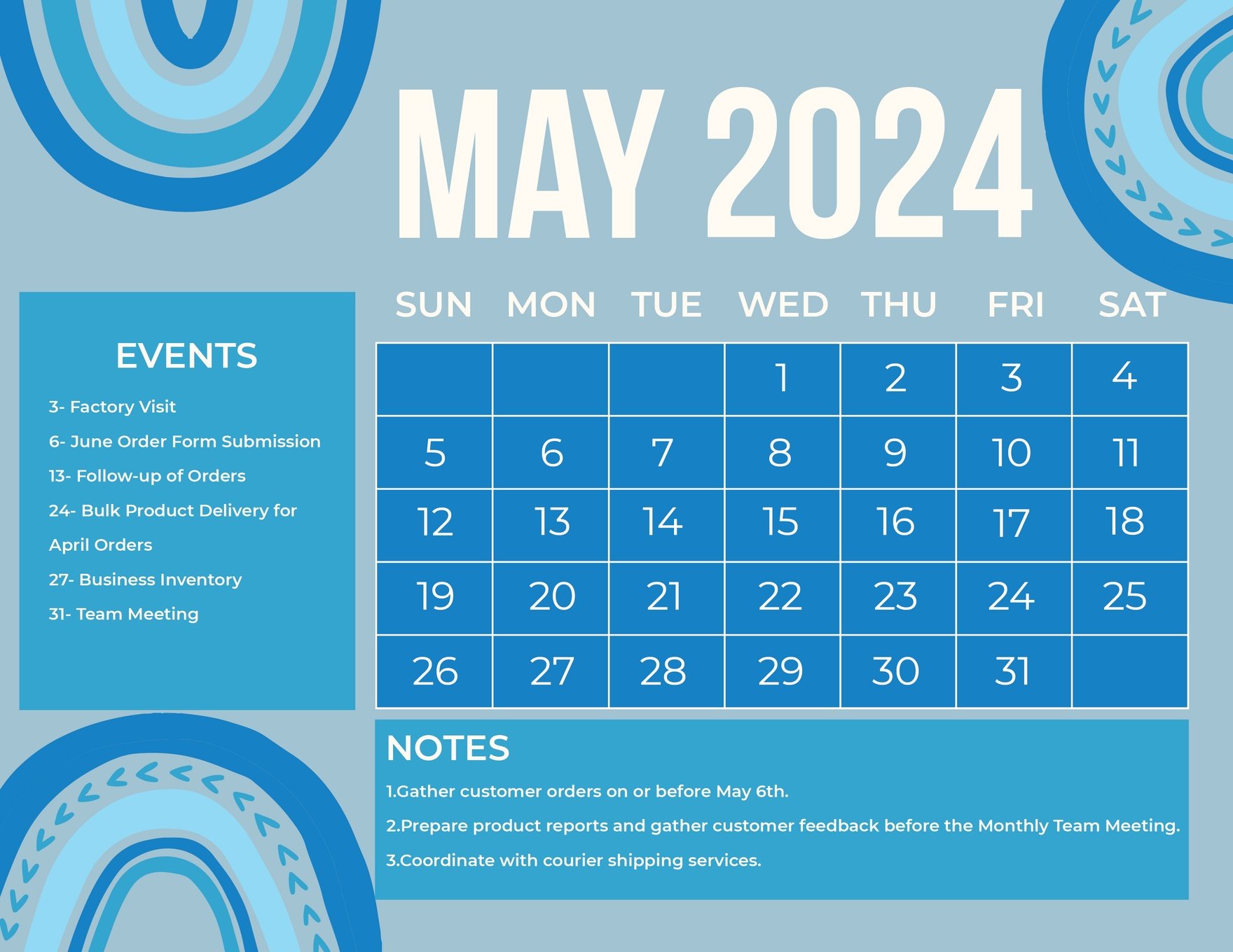 Blue May 2024 Calendar