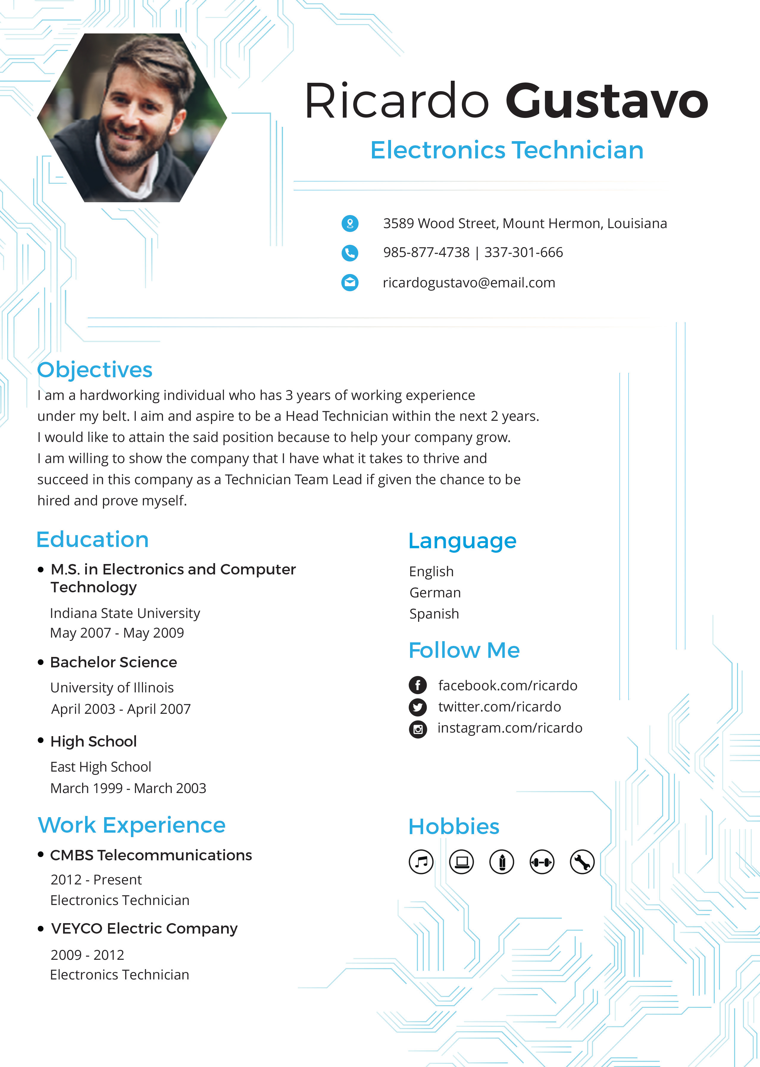 free electronic technician resume and cv template in psd