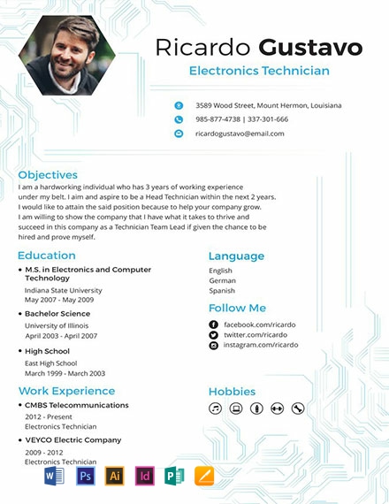 Electronic Technician Resume Template - Illustrator, InDesign, Word, Apple Pages, PSD, Publisher