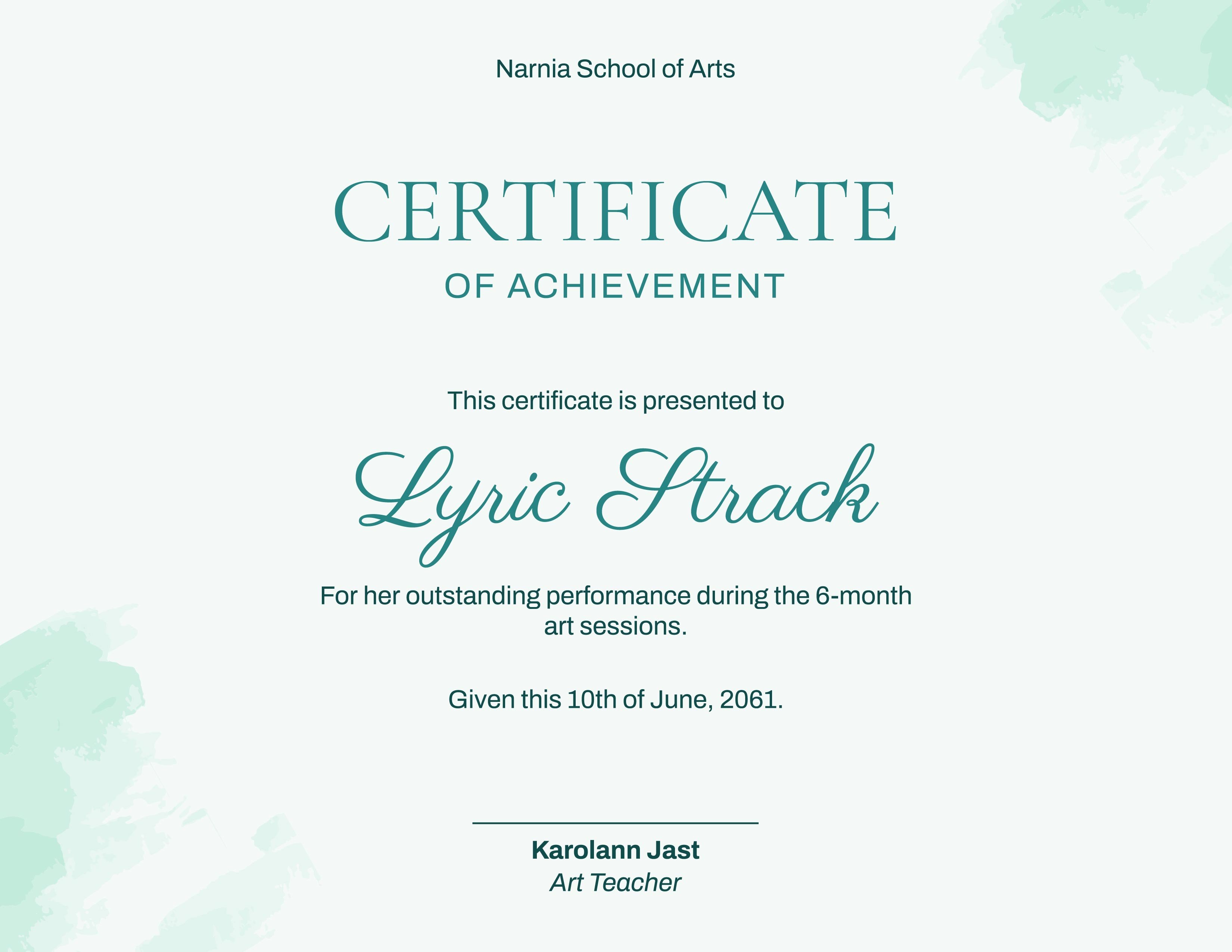 Art Class Student Certificate Template