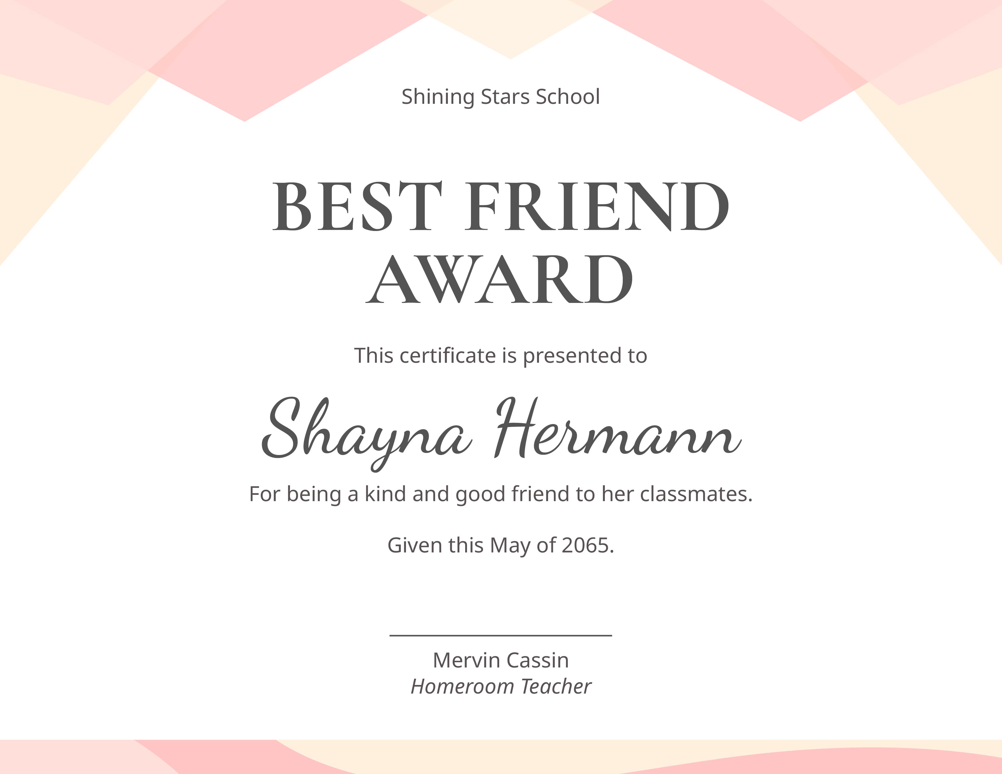Best Class Friend certificate template