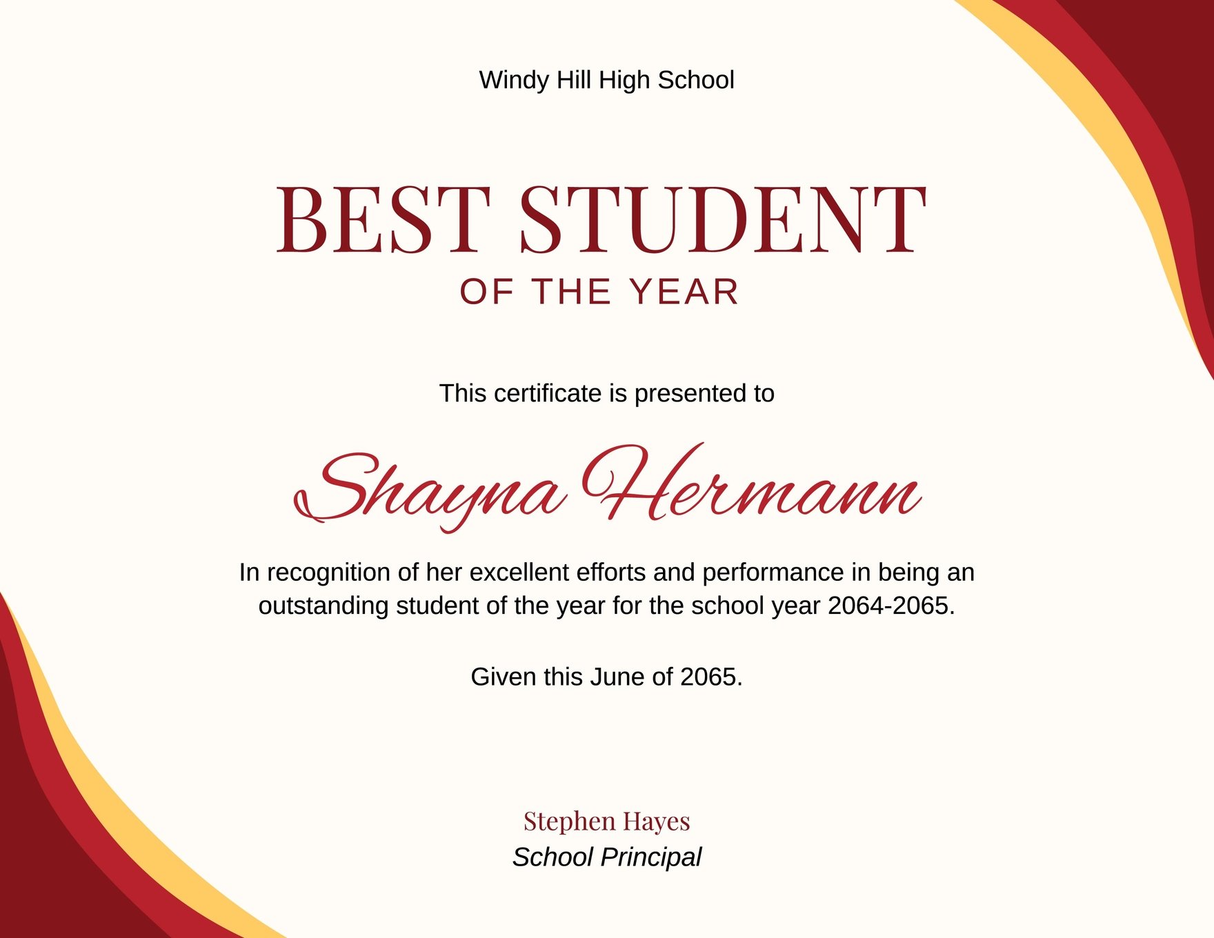 Certificate of Recognition Best Student Template